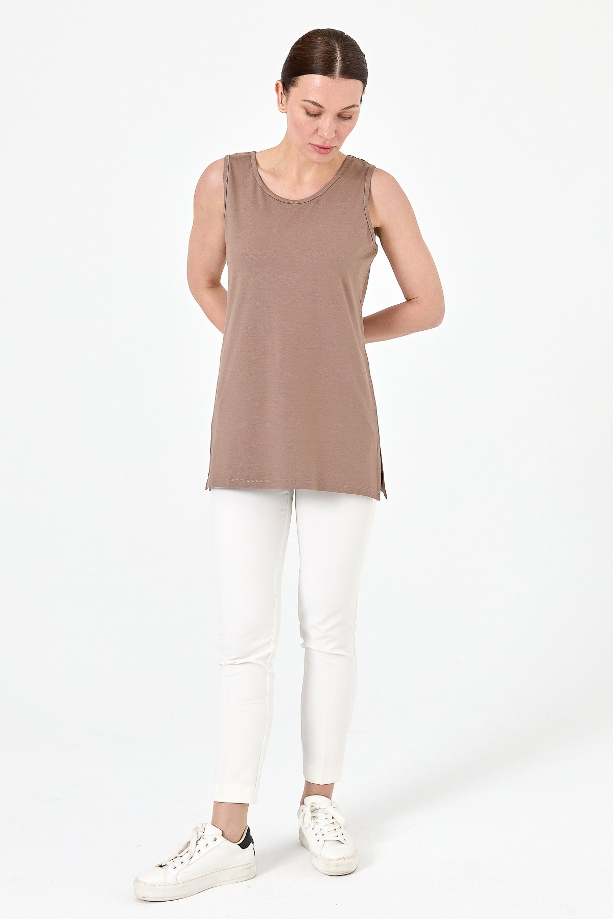 20868Kadın Askılı Penye T-shirt Vizon