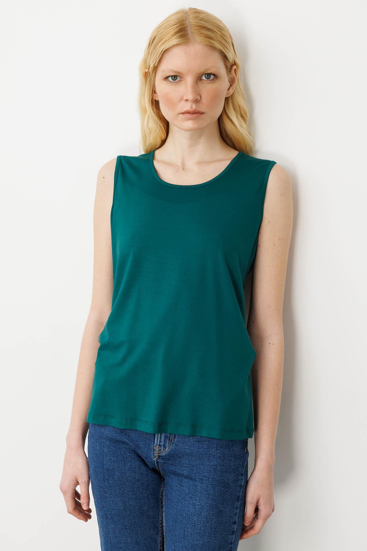 20868Kadın Askılı Penye T-shirt Yeşil