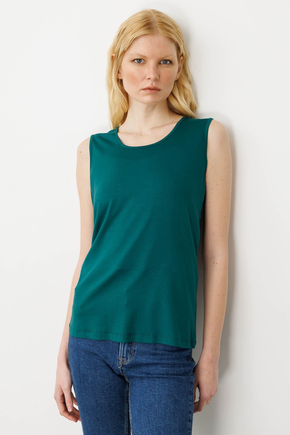 20868Kadın Askılı Penye T-shirt Yeşil