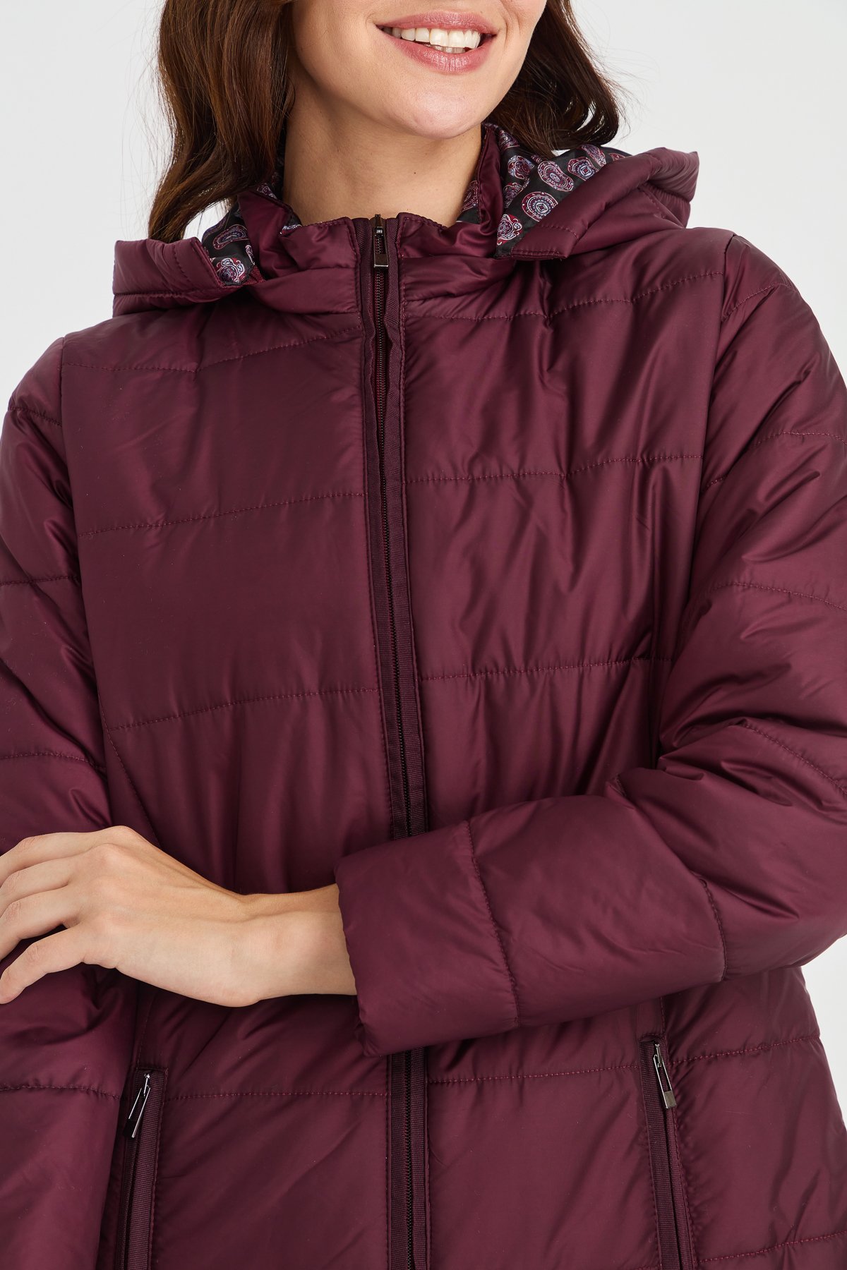 23402Kadın Astarı Desenli Araboy Kapitone Kaban Bordo