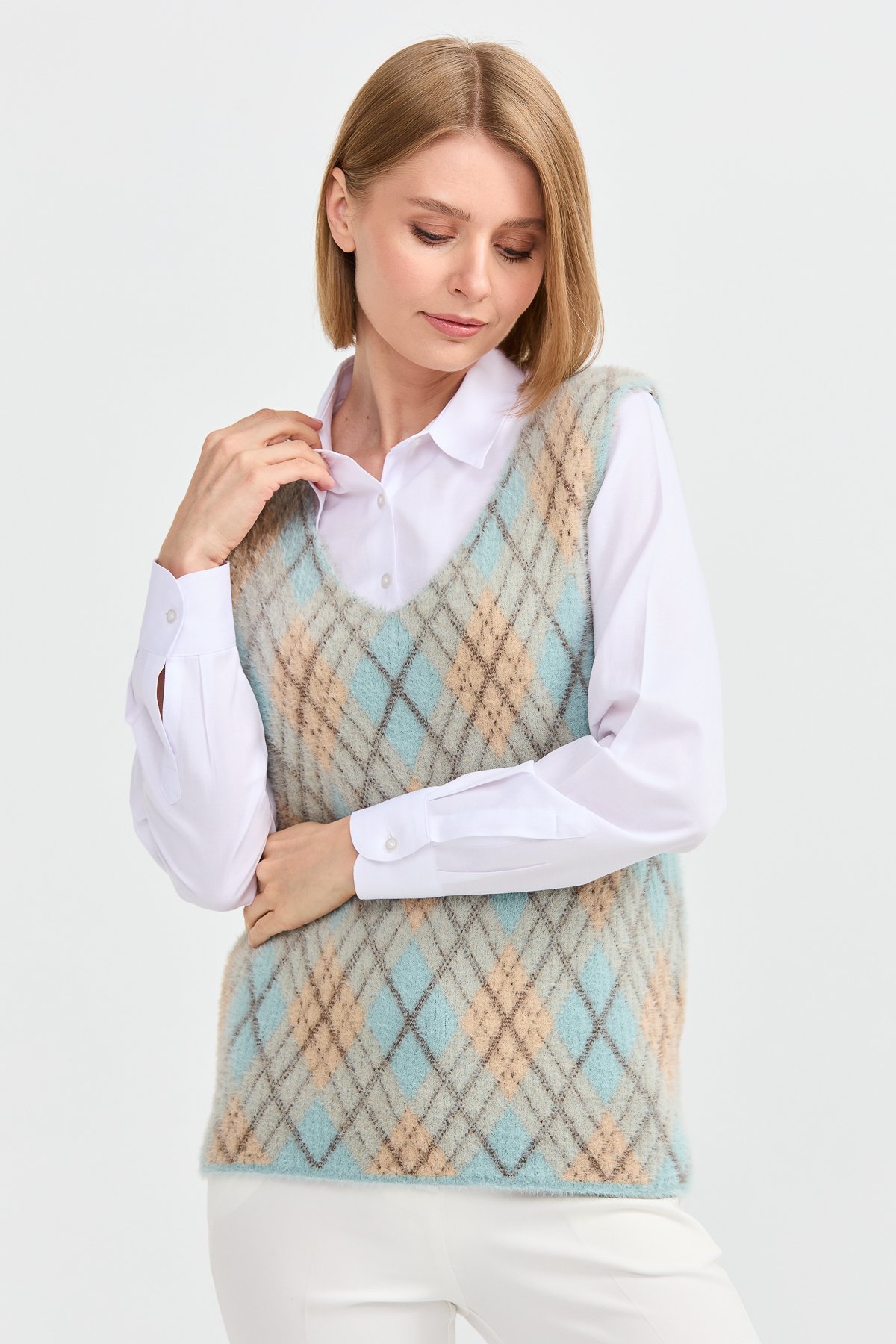 22266Kadın Baklava Desenli Süveter 14