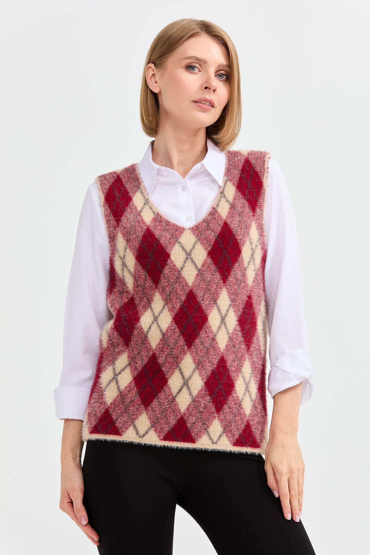 22266Kadın Baklava Desenli Süveter 36