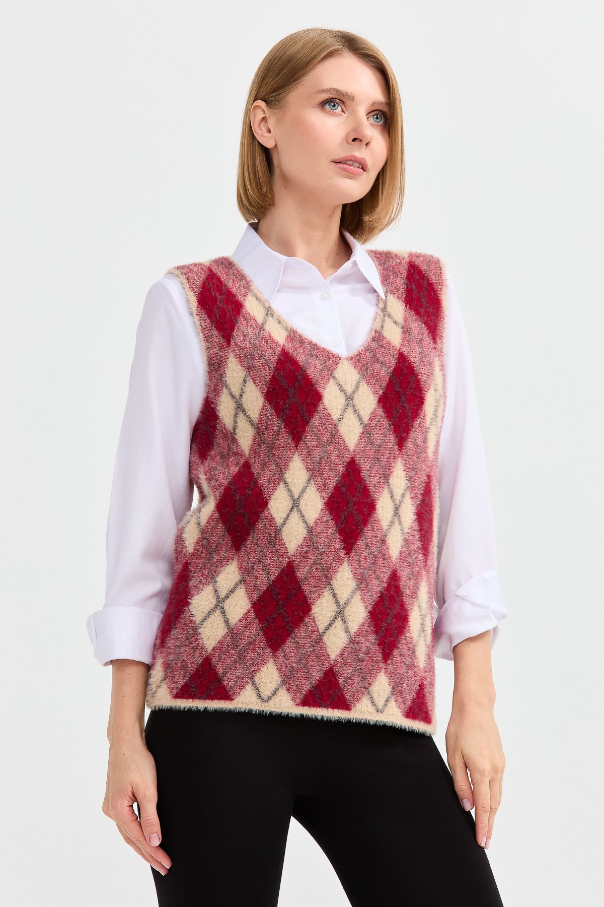 22266Kadın Baklava Desenli Süveter 36