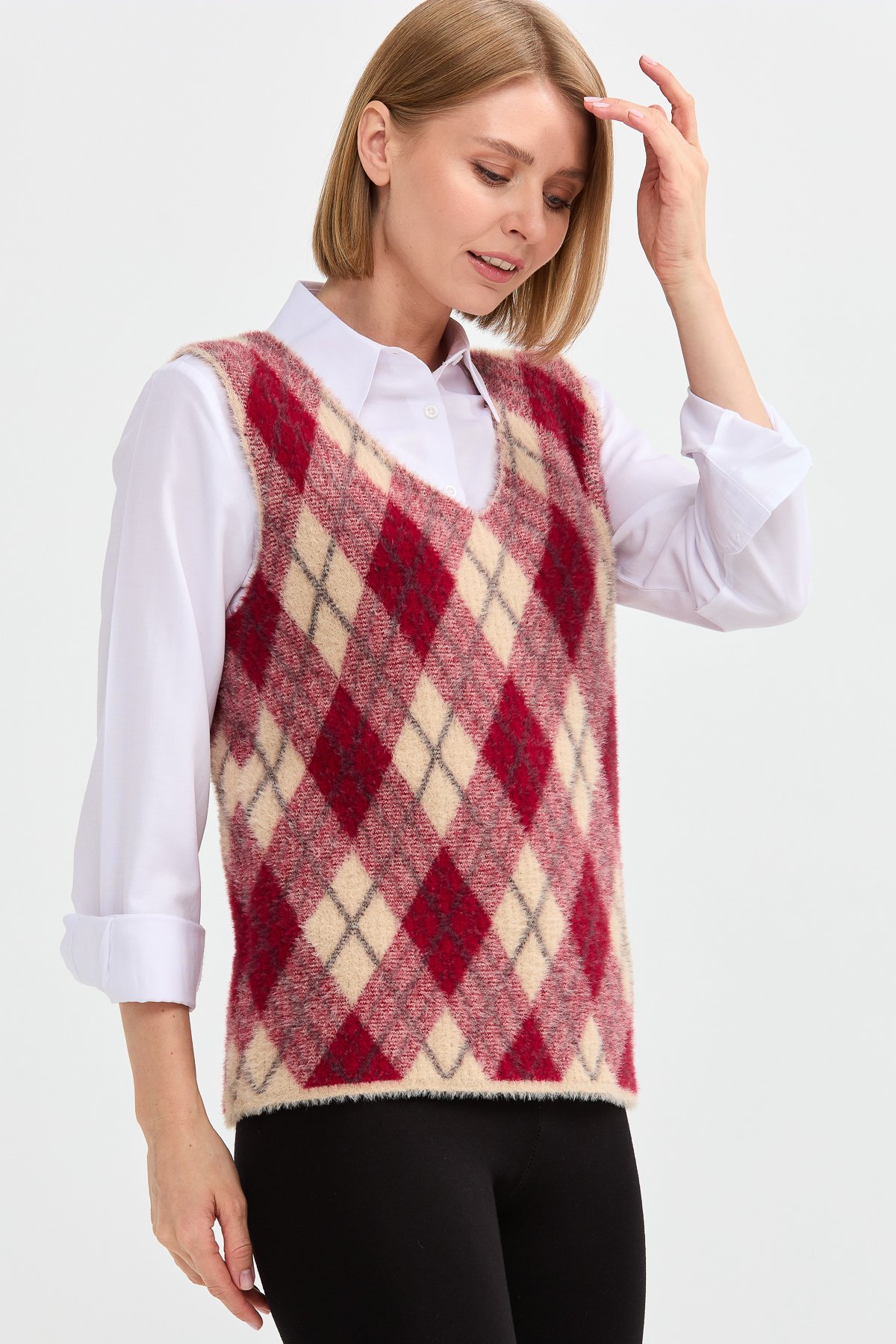 22266Kadın Baklava Desenli Süveter 36