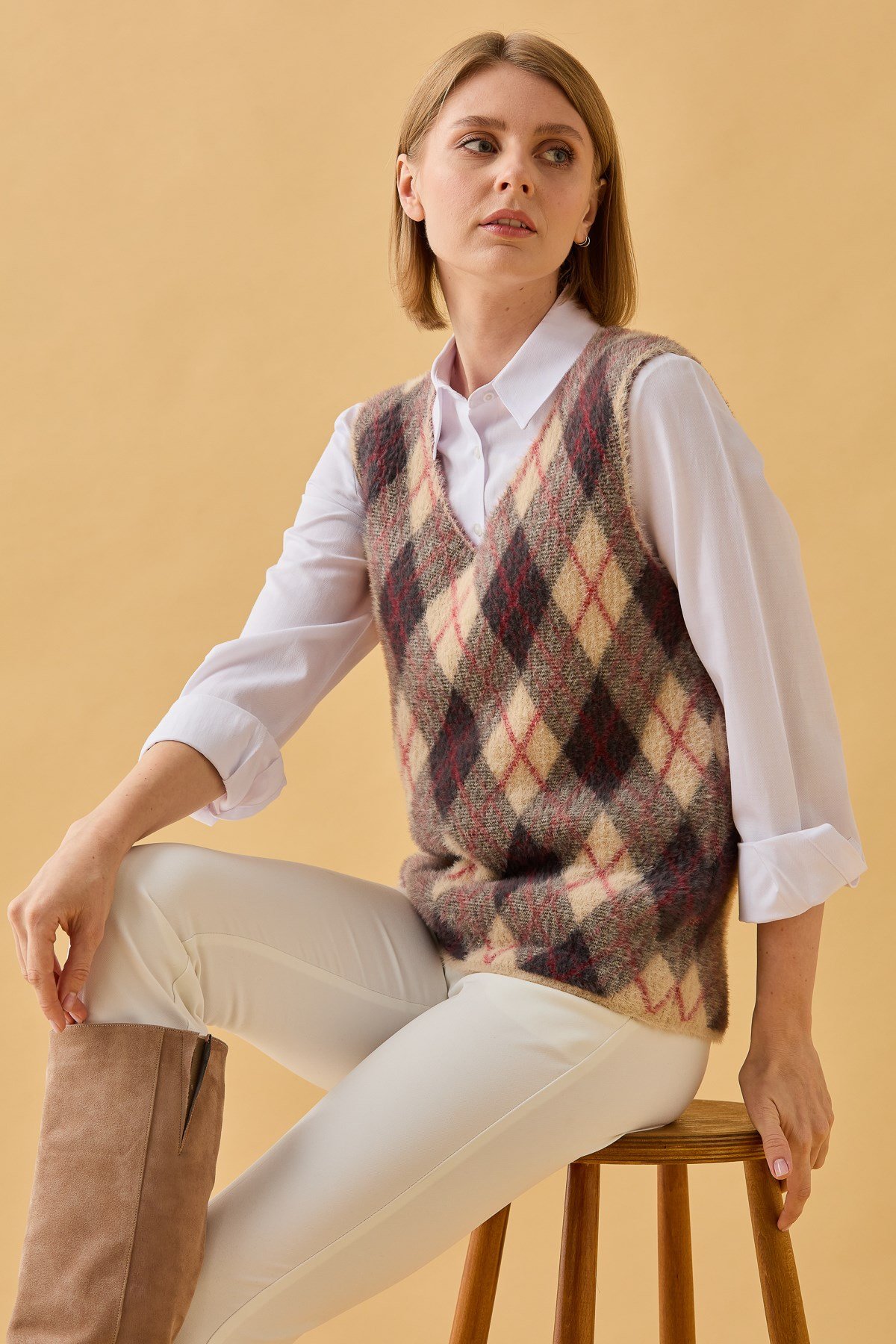 22266Kadın Baklava Desenli Süveter 3