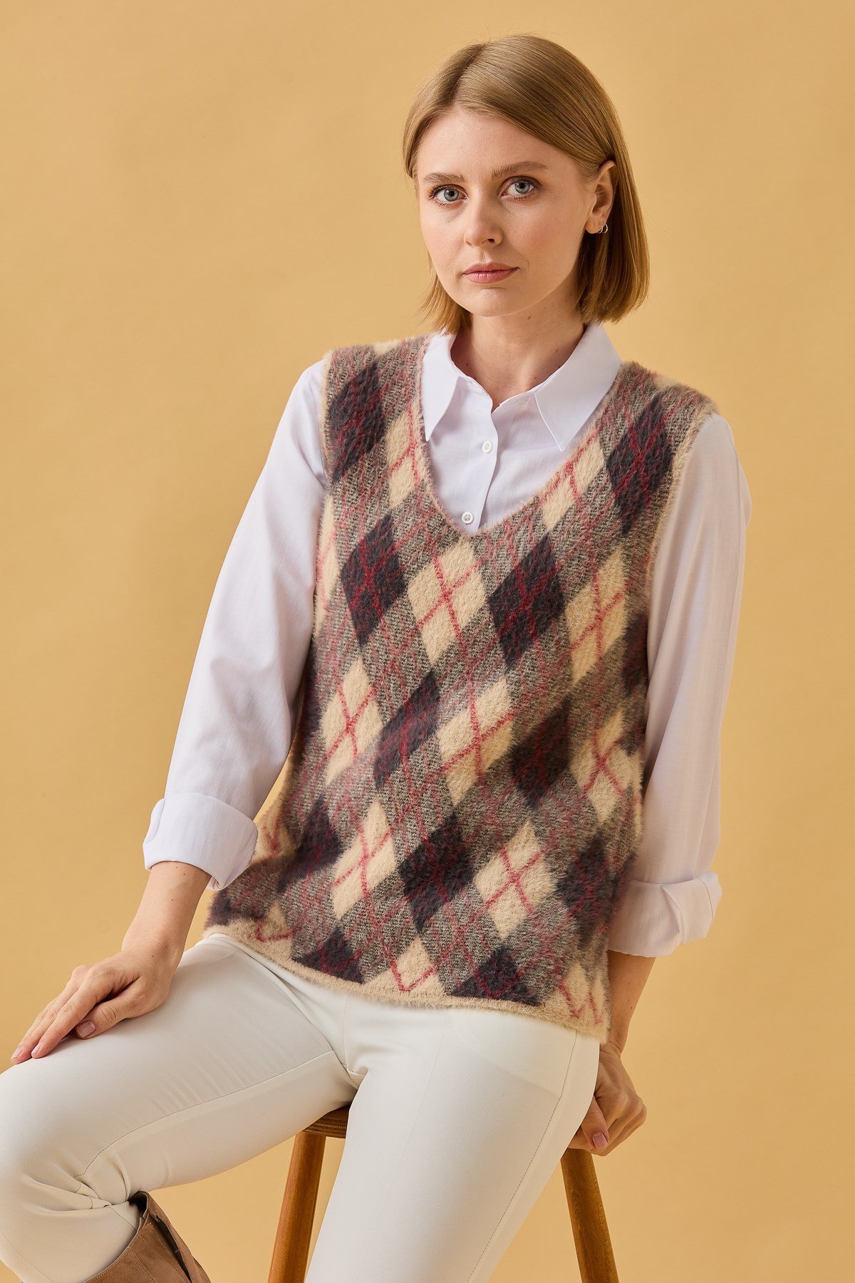 22266Kadın Baklava Desenli Süveter 3