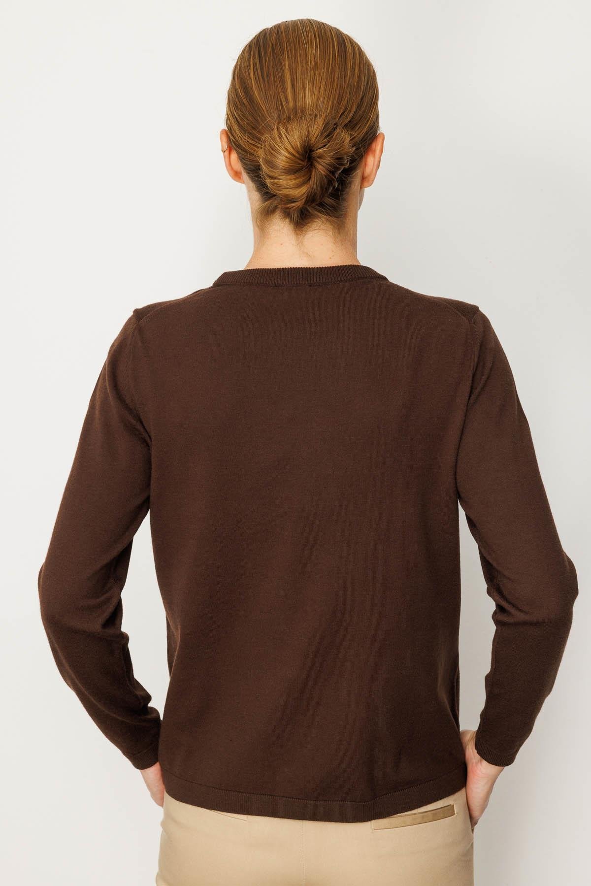 22308Kadın Basic Sıfır Yaka Kazak Kahve