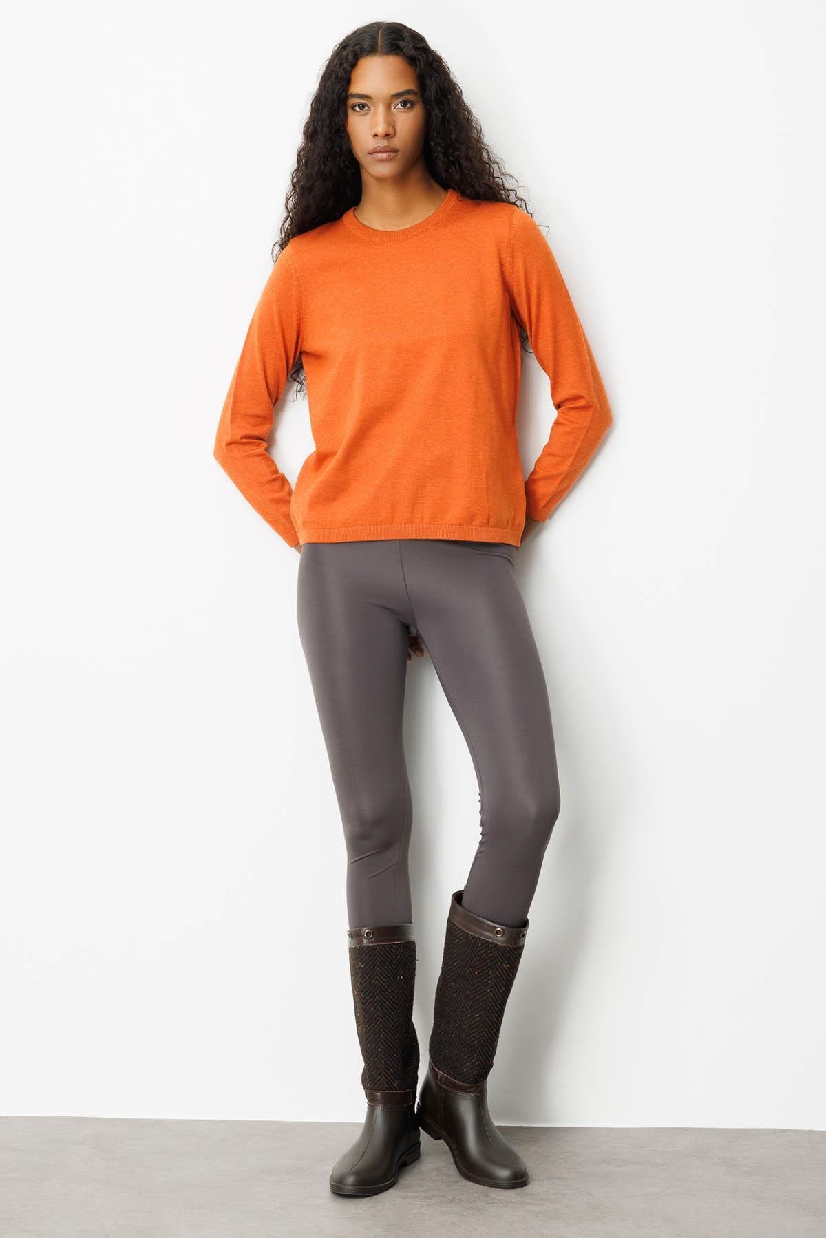 22308Kadın Basic Sıfır Yaka Kazak Turuncu