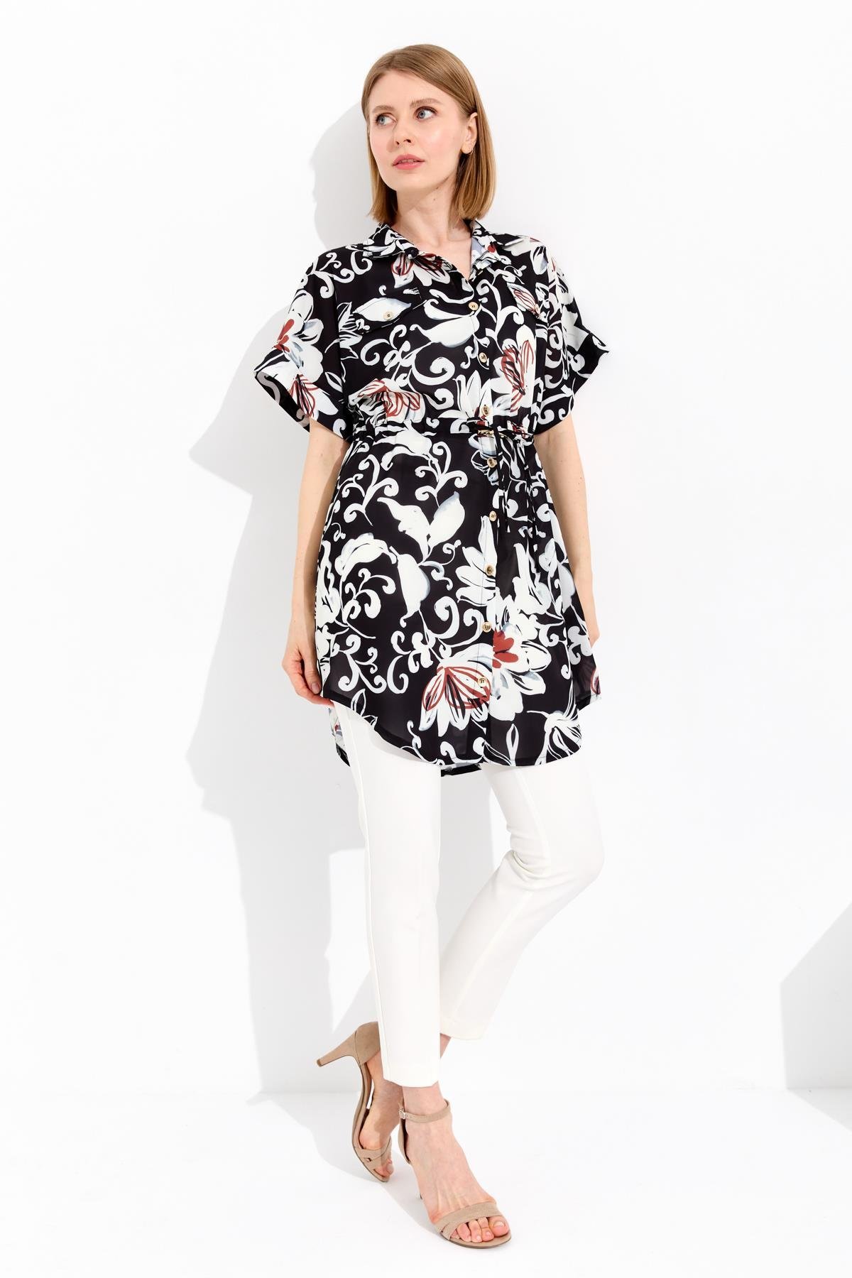 23482Kadın Beli Bağcıklı Cepli Elbise Siyah