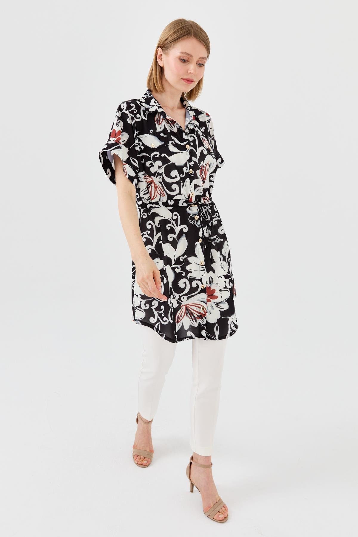 23482Kadın Beli Bağcıklı Cepli Elbise Siyah