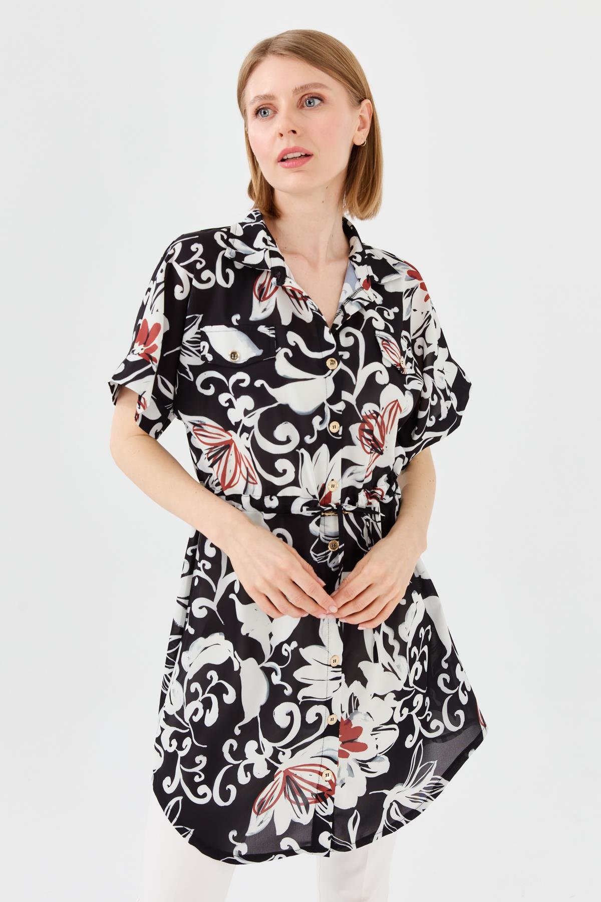 23482Kadın Beli Bağcıklı Cepli Elbise Siyah