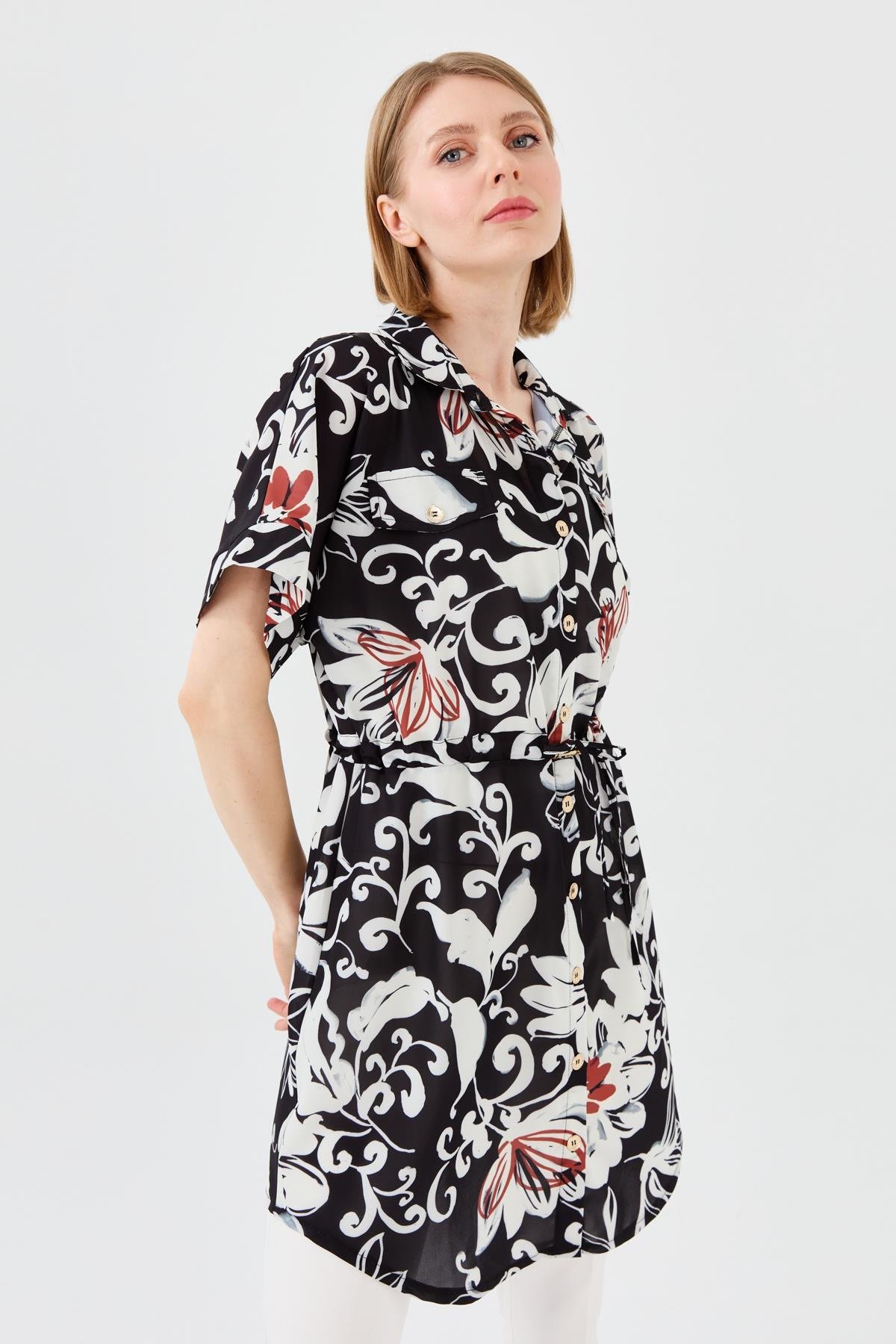 23482Kadın Beli Bağcıklı Cepli Elbise Siyah