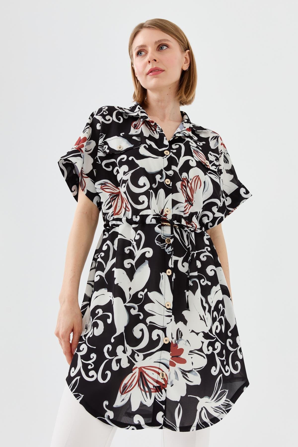 23482Kadın Beli Bağcıklı Cepli Elbise Siyah