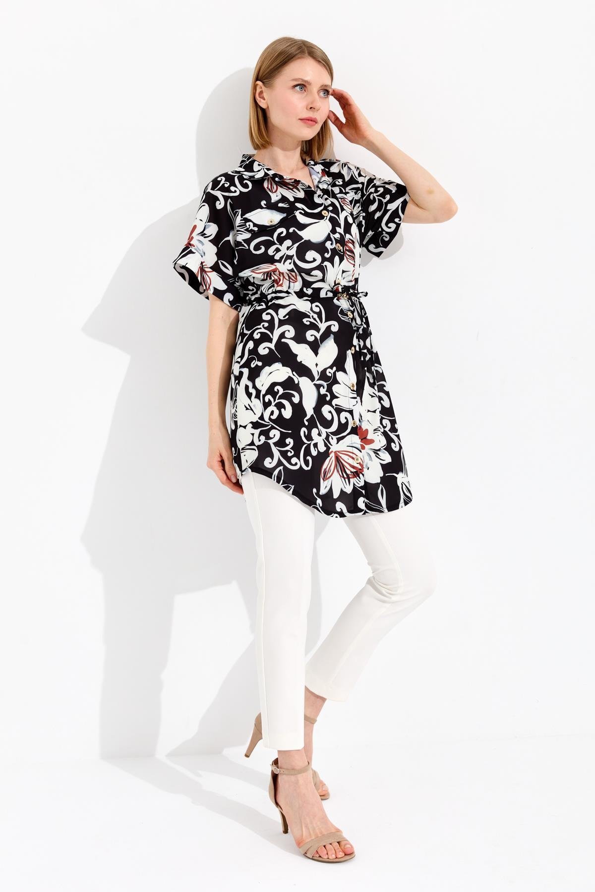 23482Kadın Beli Bağcıklı Cepli Elbise Siyah