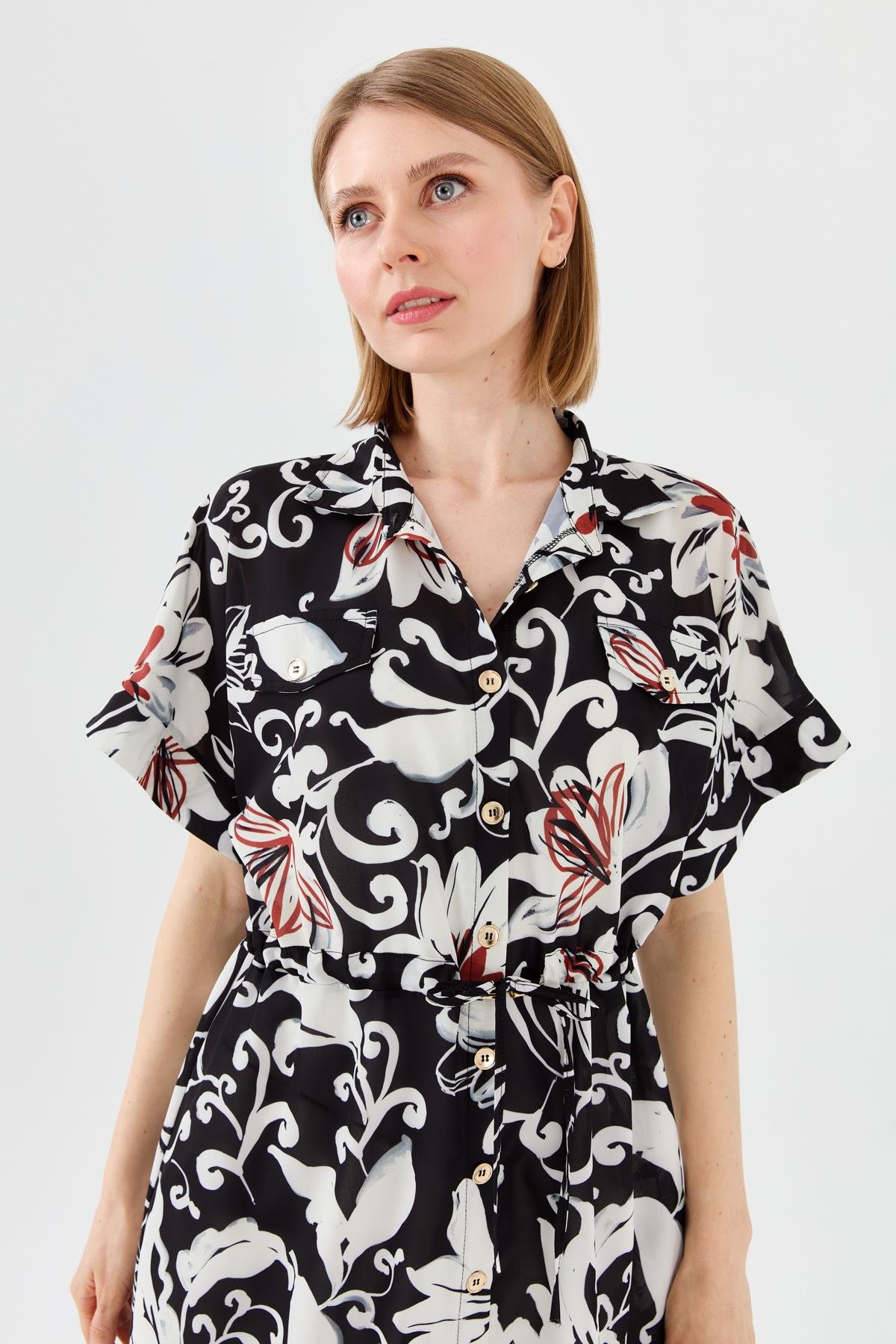 23482Kadın Beli Bağcıklı Cepli Elbise Siyah