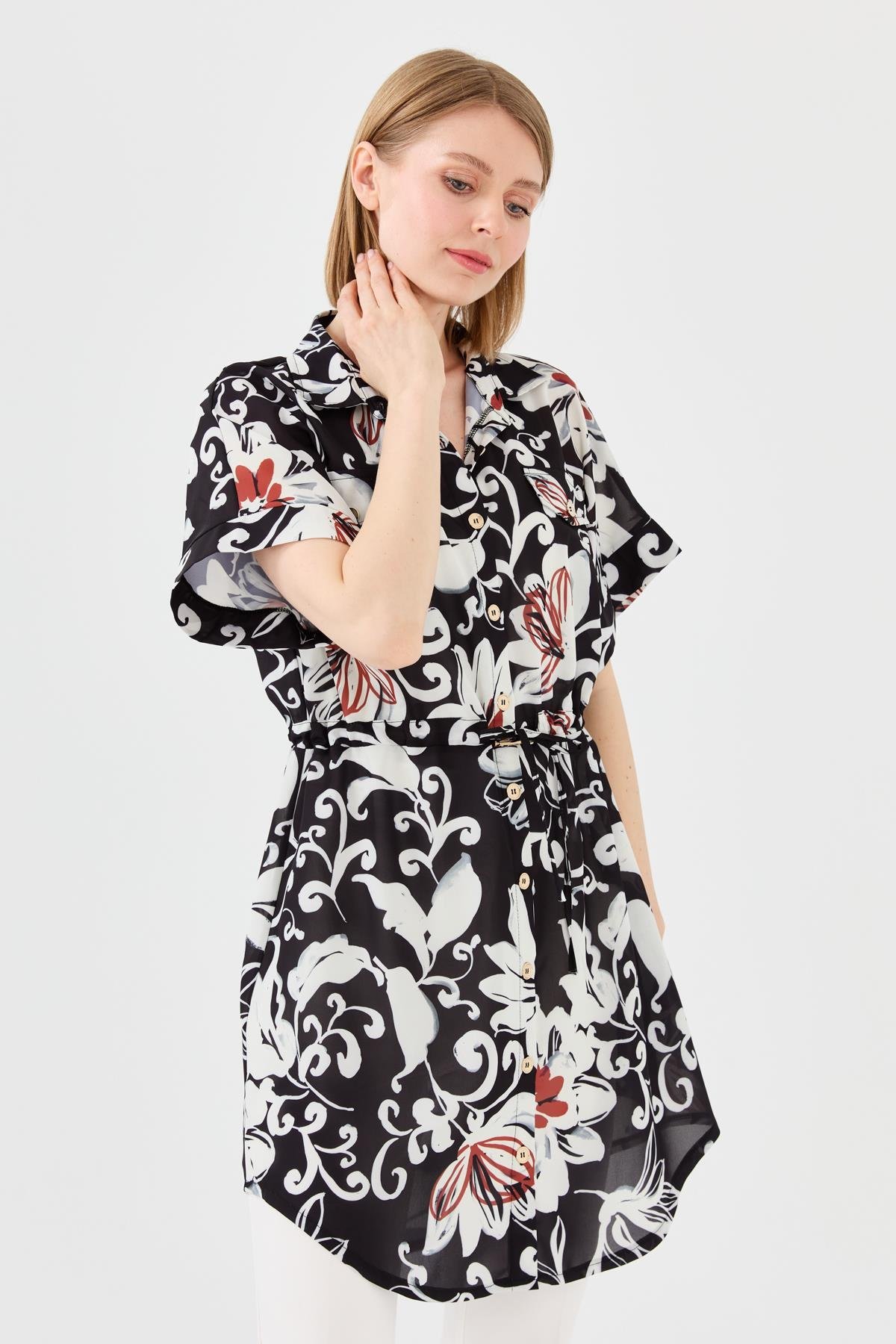 23482Kadın Beli Bağcıklı Cepli Elbise Siyah