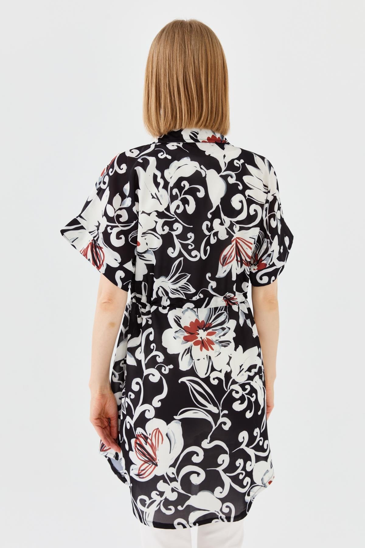 23482Kadın Beli Bağcıklı Cepli Elbise Siyah