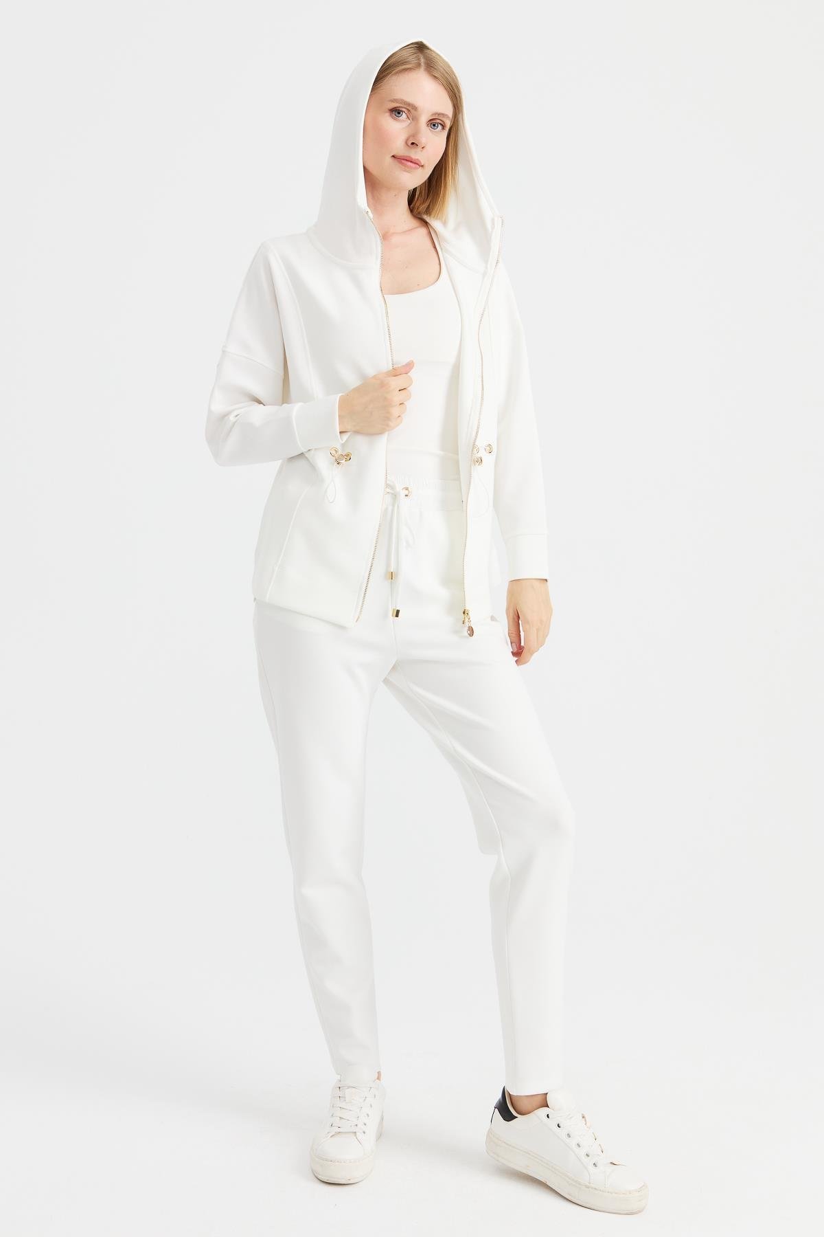 KMK23002Kadın Beli Bağcıklı Cepli Eşofman Pantolon Beyaz