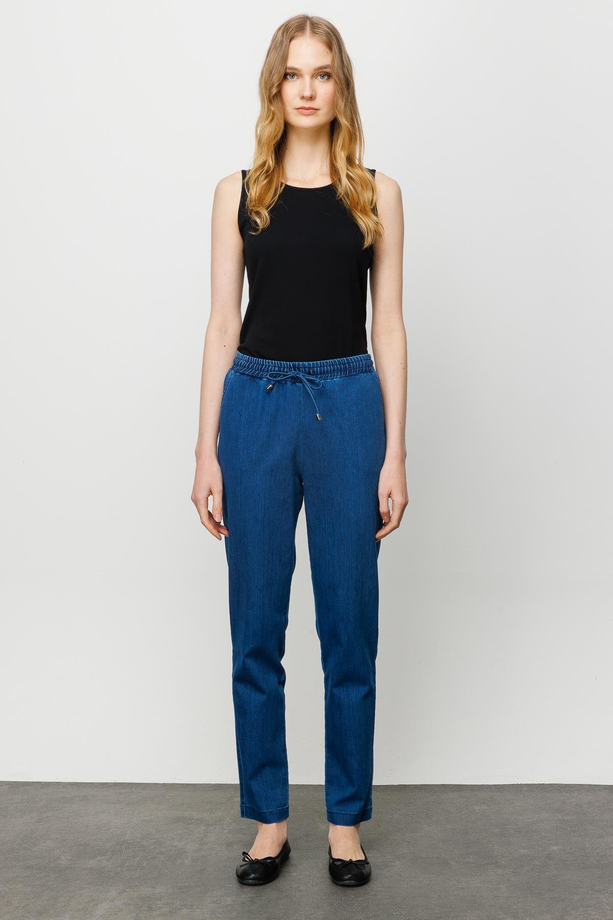 23903Kadın Beli Bağcıklı Lastikli Jean Pantolon Mavi