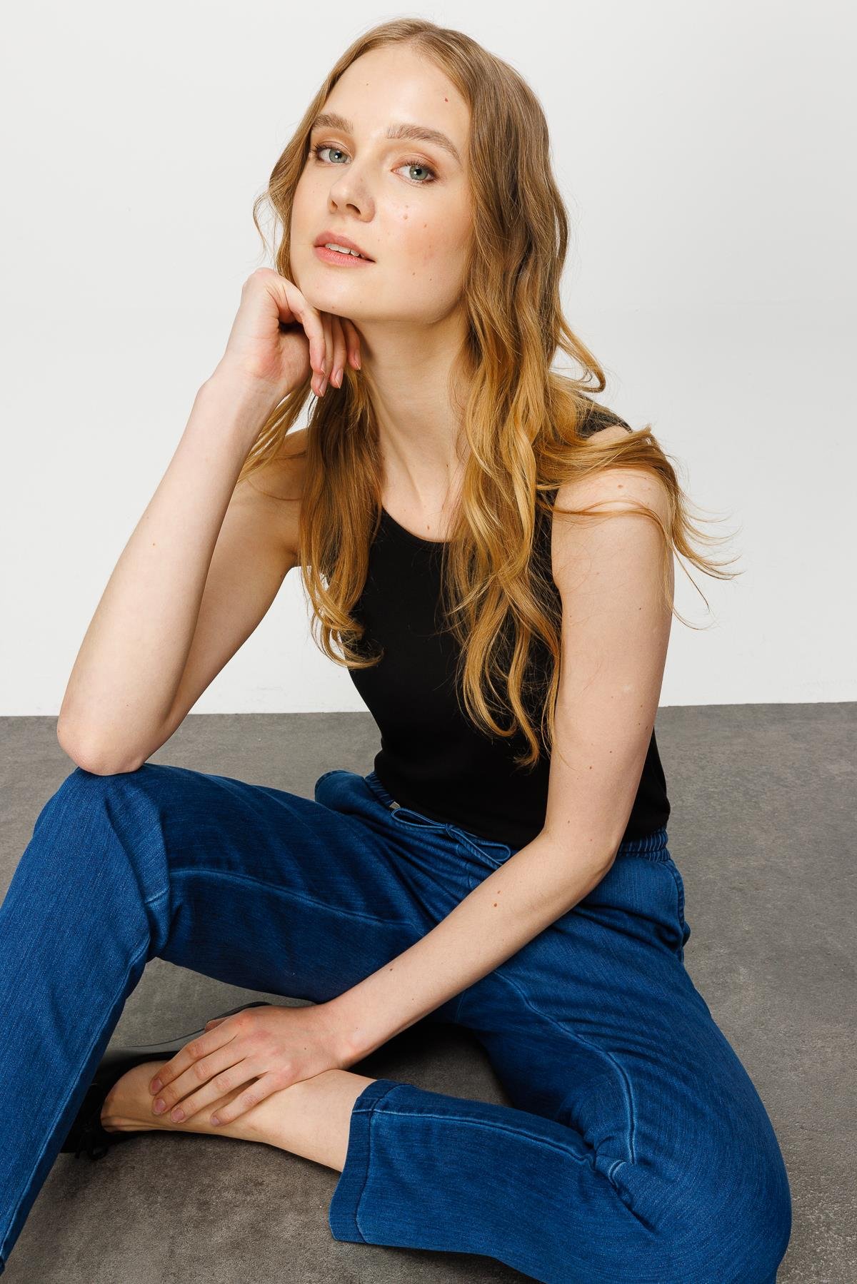 23903Kadın Beli Bağcıklı Lastikli Jean Pantolon Mavi