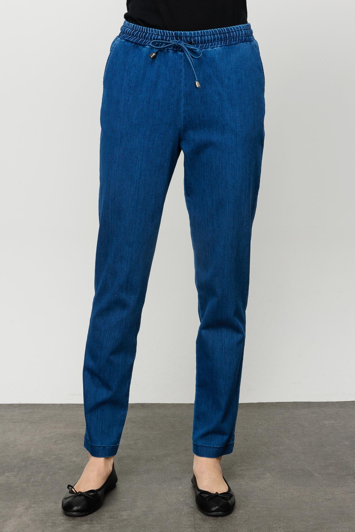 23903Kadın Beli Bağcıklı Lastikli Jean Pantolon Mavi