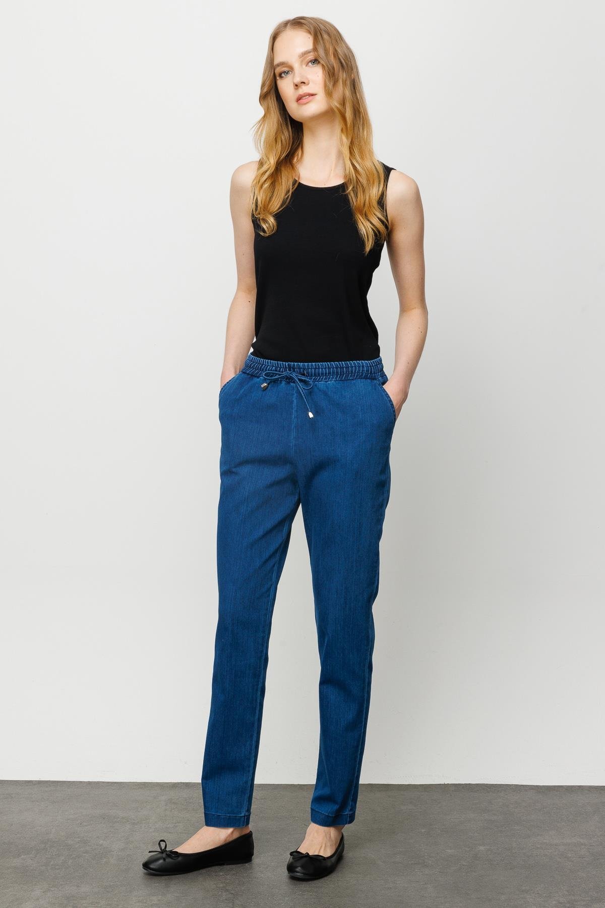 23903Kadın Beli Bağcıklı Lastikli Jean Pantolon Mavi