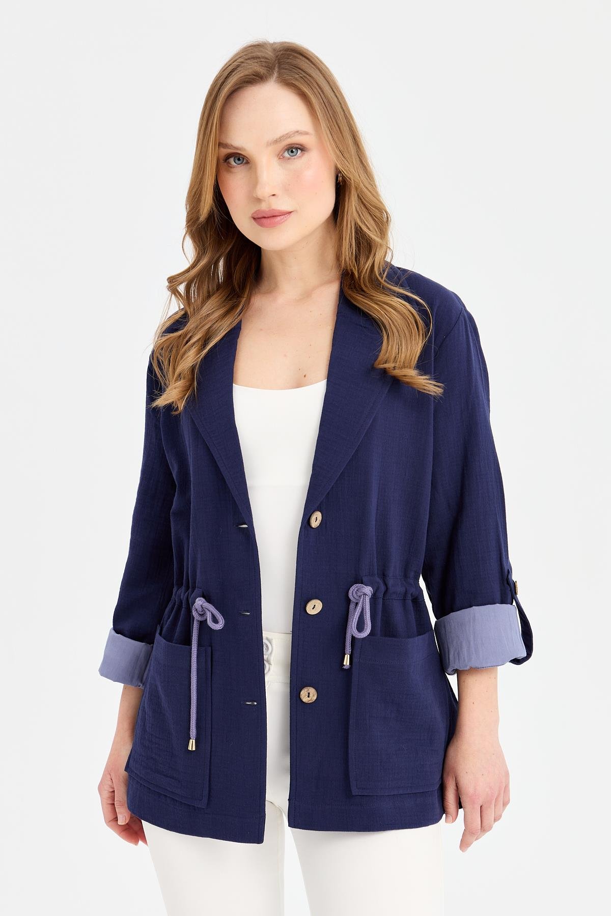 KMY24077Kadın Beli Bağlamalı %100 Pamuk Ceket Lacivert