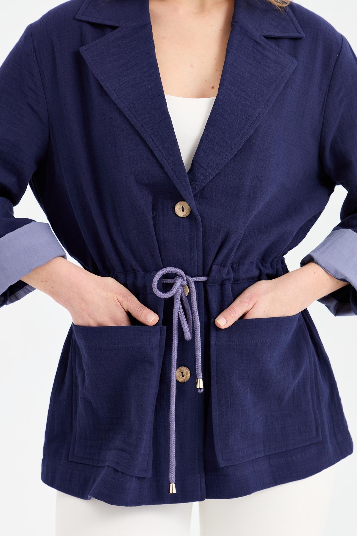 KMY24077Kadın Beli Bağlamalı %100 Pamuk Ceket Lacivert