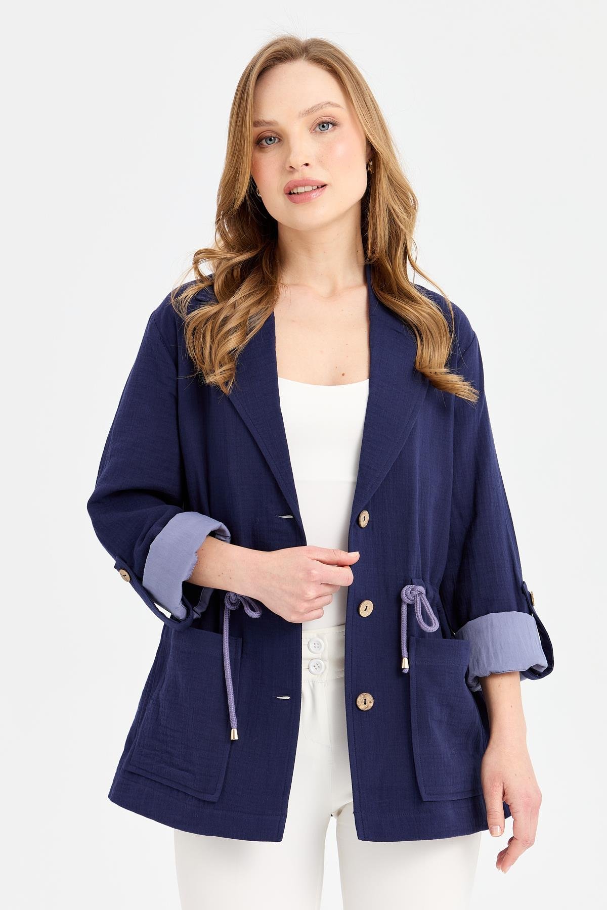 KMY24077Kadın Beli Bağlamalı %100 Pamuk Ceket Lacivert