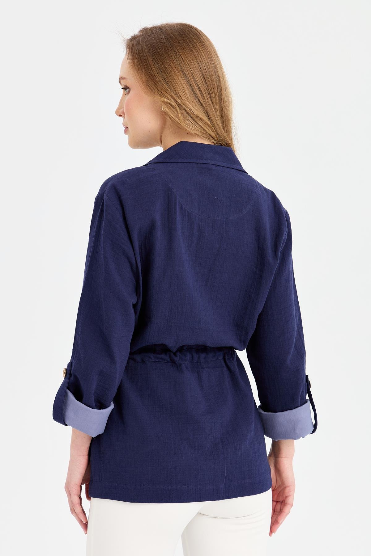 KMY24077Kadın Beli Bağlamalı %100 Pamuk Ceket Lacivert