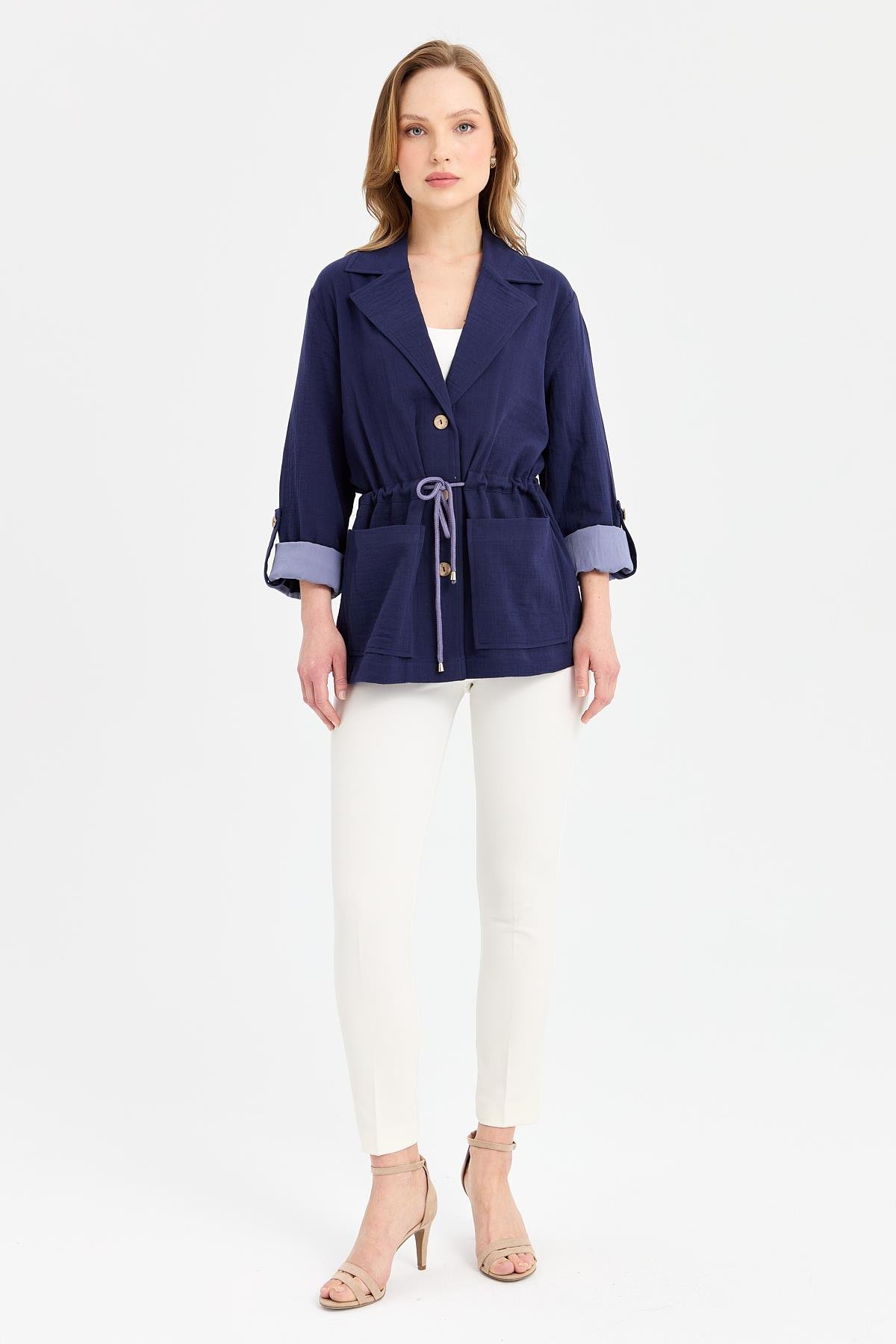 KMY24077Kadın Beli Bağlamalı %100 Pamuk Ceket Lacivert