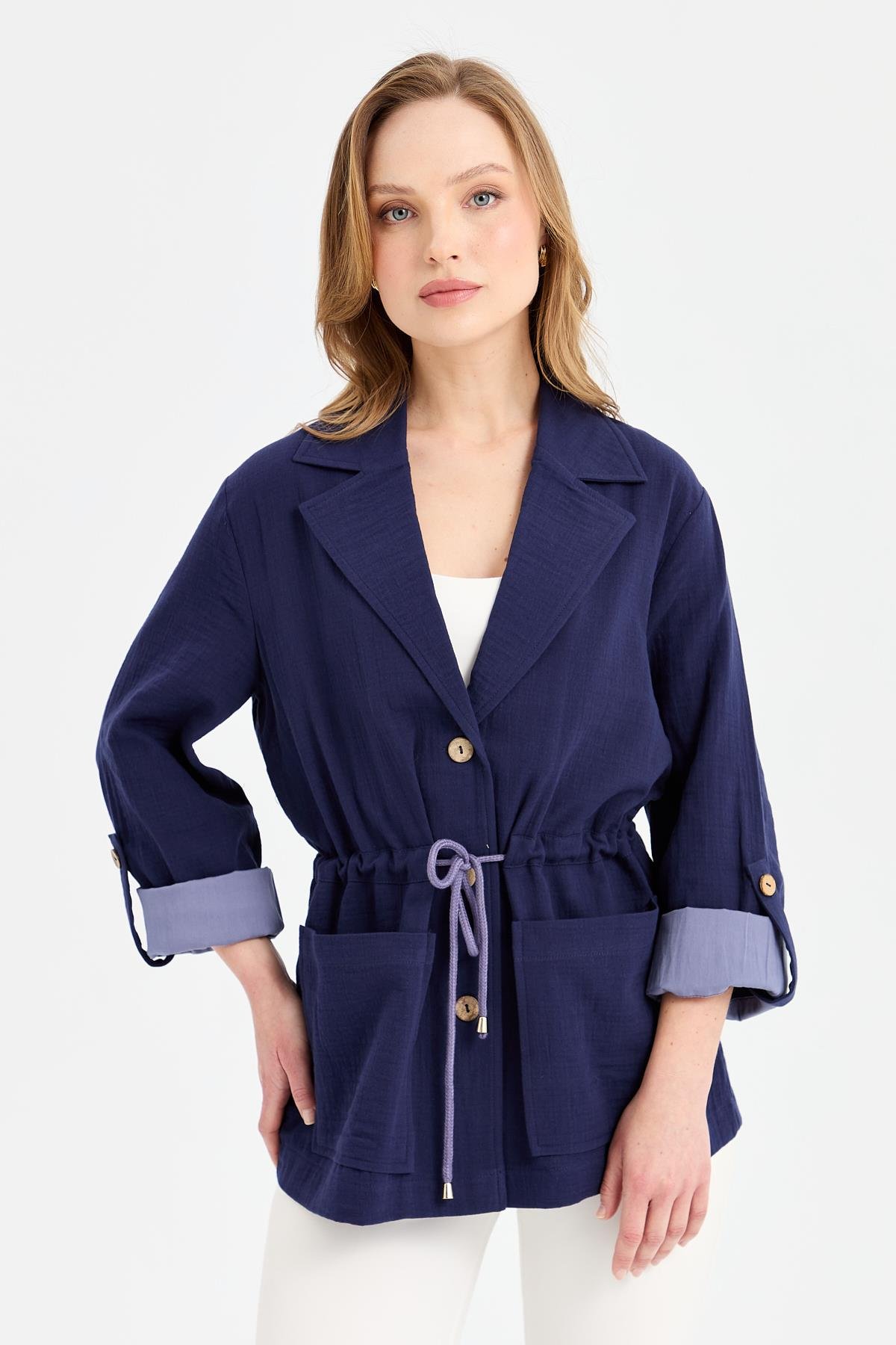 KMY24077Kadın Beli Bağlamalı %100 Pamuk Ceket Lacivert