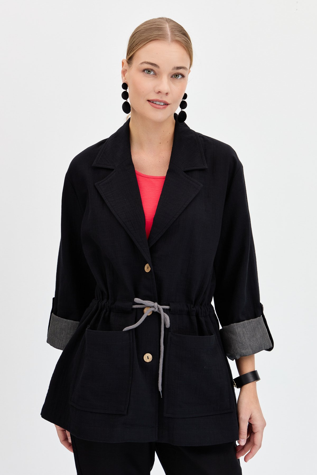KMY24077Kadın Beli Bağlamalı %100 Pamuk Ceket Siyah