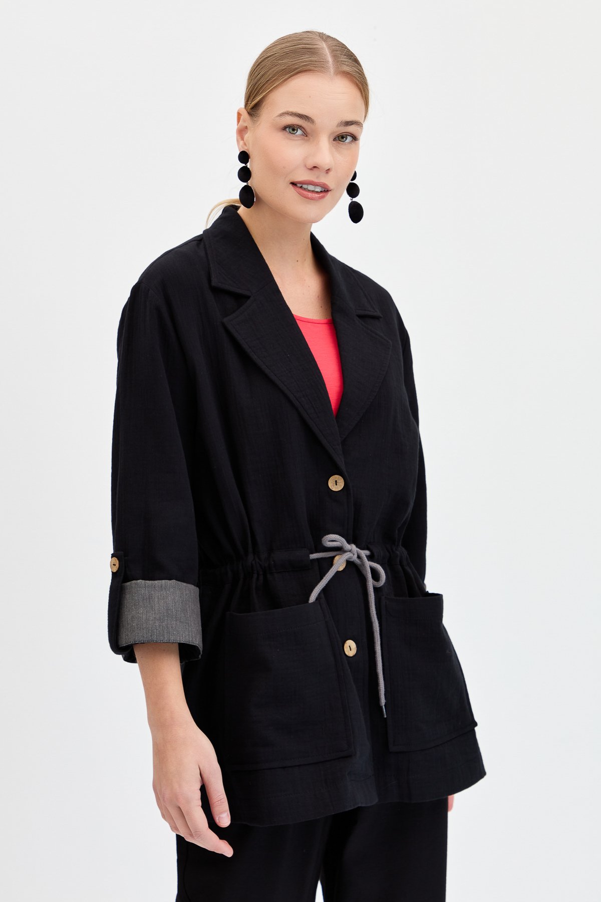 KMY24077Kadın Beli Bağlamalı %100 Pamuk Ceket Siyah