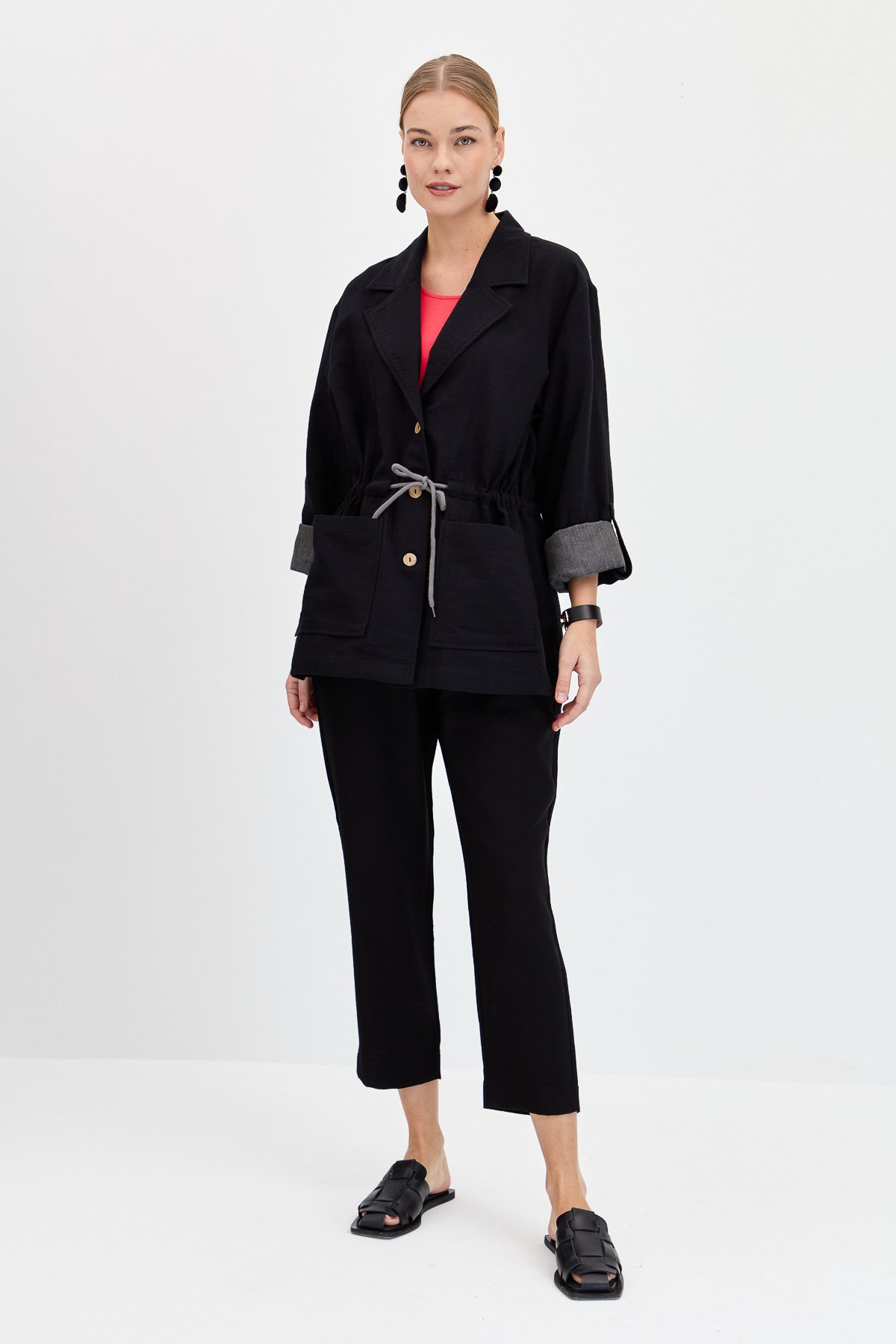 KMY24077Kadın Beli Bağlamalı %100 Pamuk Ceket Siyah