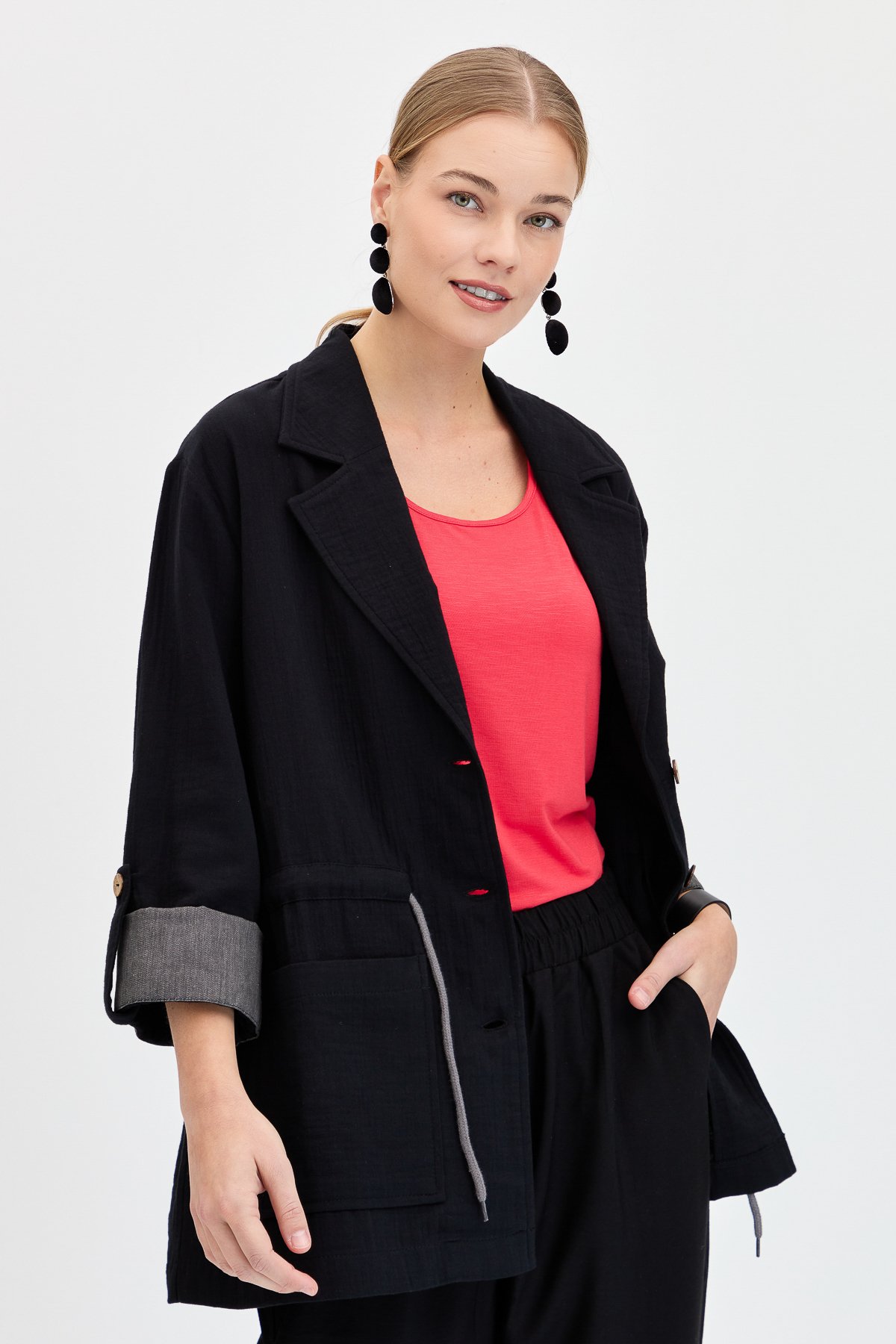 KMY24077Kadın Beli Bağlamalı %100 Pamuk Ceket Siyah