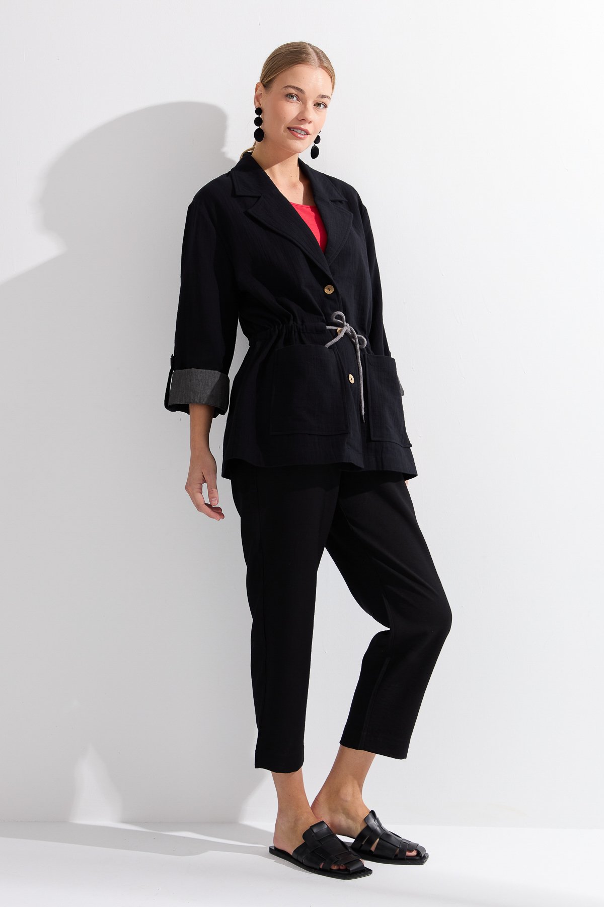 KMY24077Kadın Beli Bağlamalı %100 Pamuk Ceket Siyah