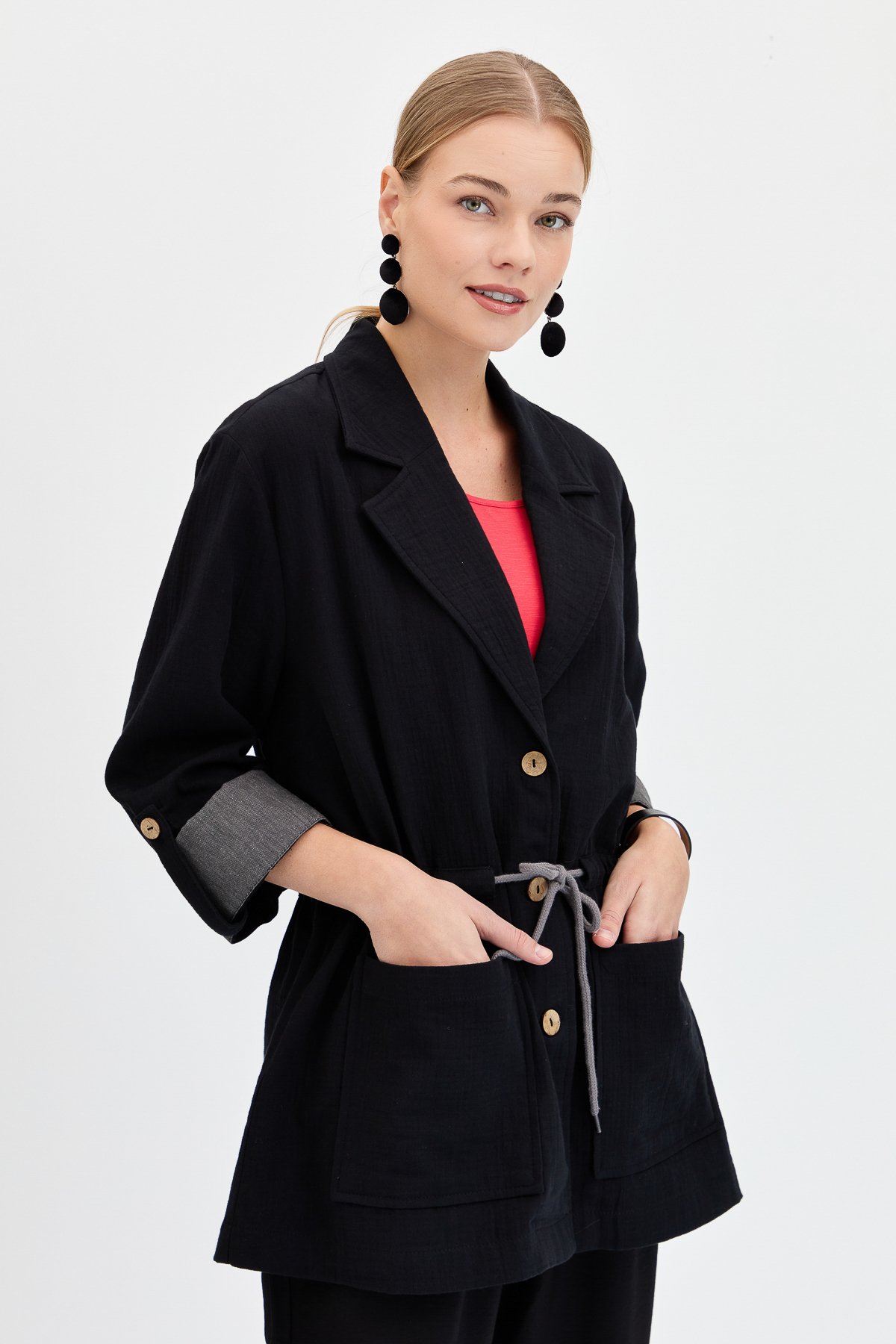 KMY24077Kadın Beli Bağlamalı %100 Pamuk Ceket Siyah