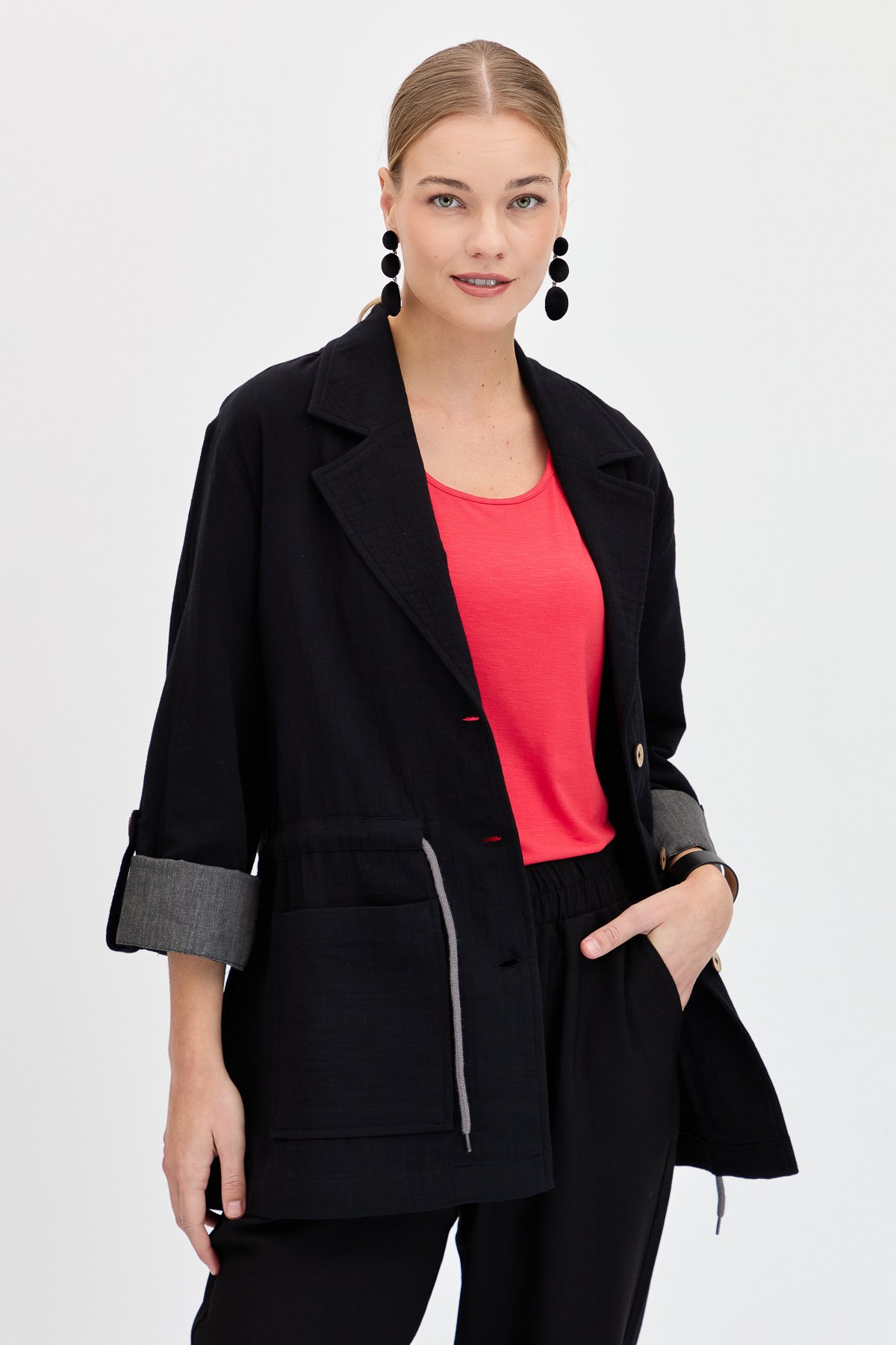 KMY24077Kadın Beli Bağlamalı %100 Pamuk Ceket Siyah