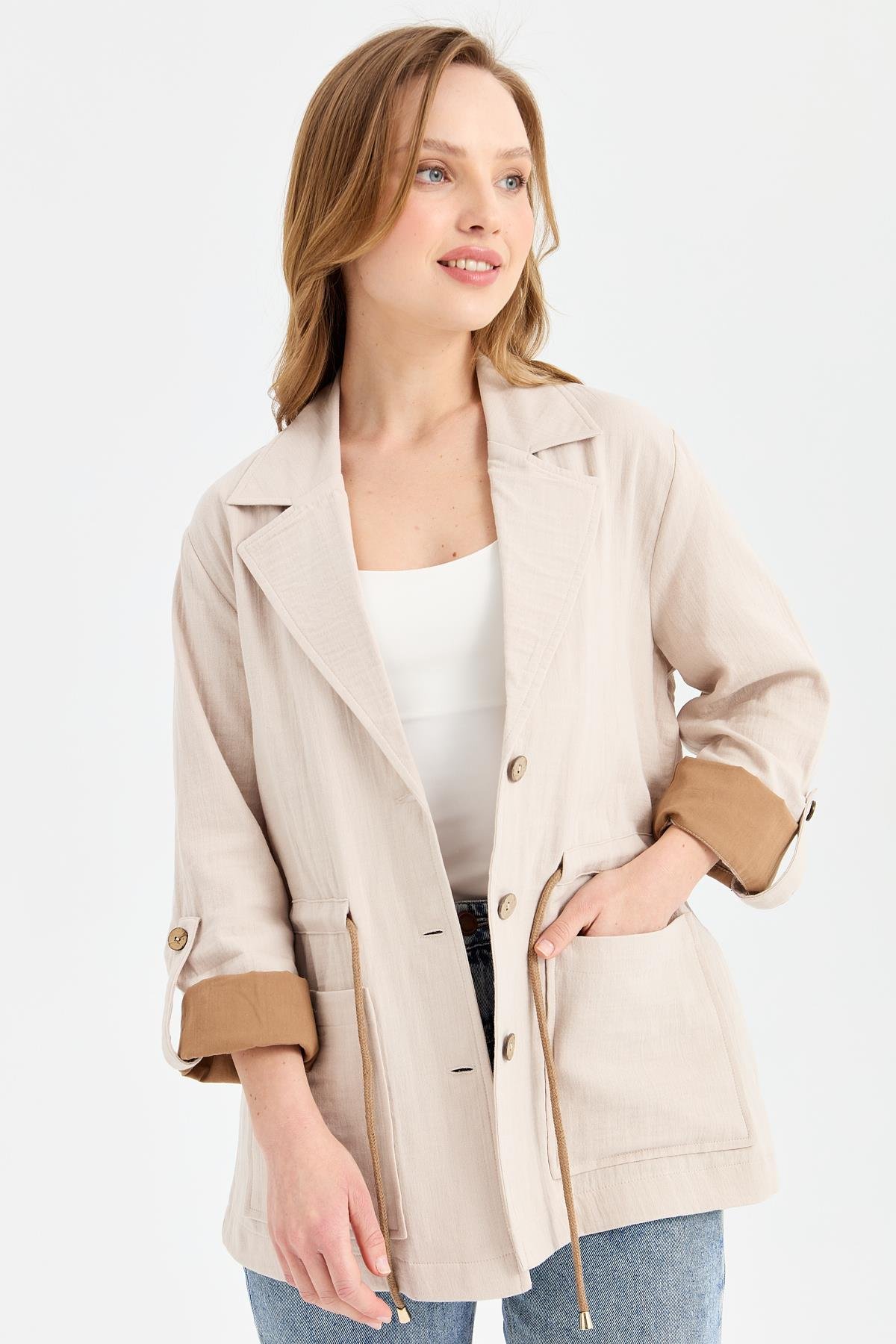 KMY24077Kadın Beli Bağlamalı %100 Pamuk Ceket Taş