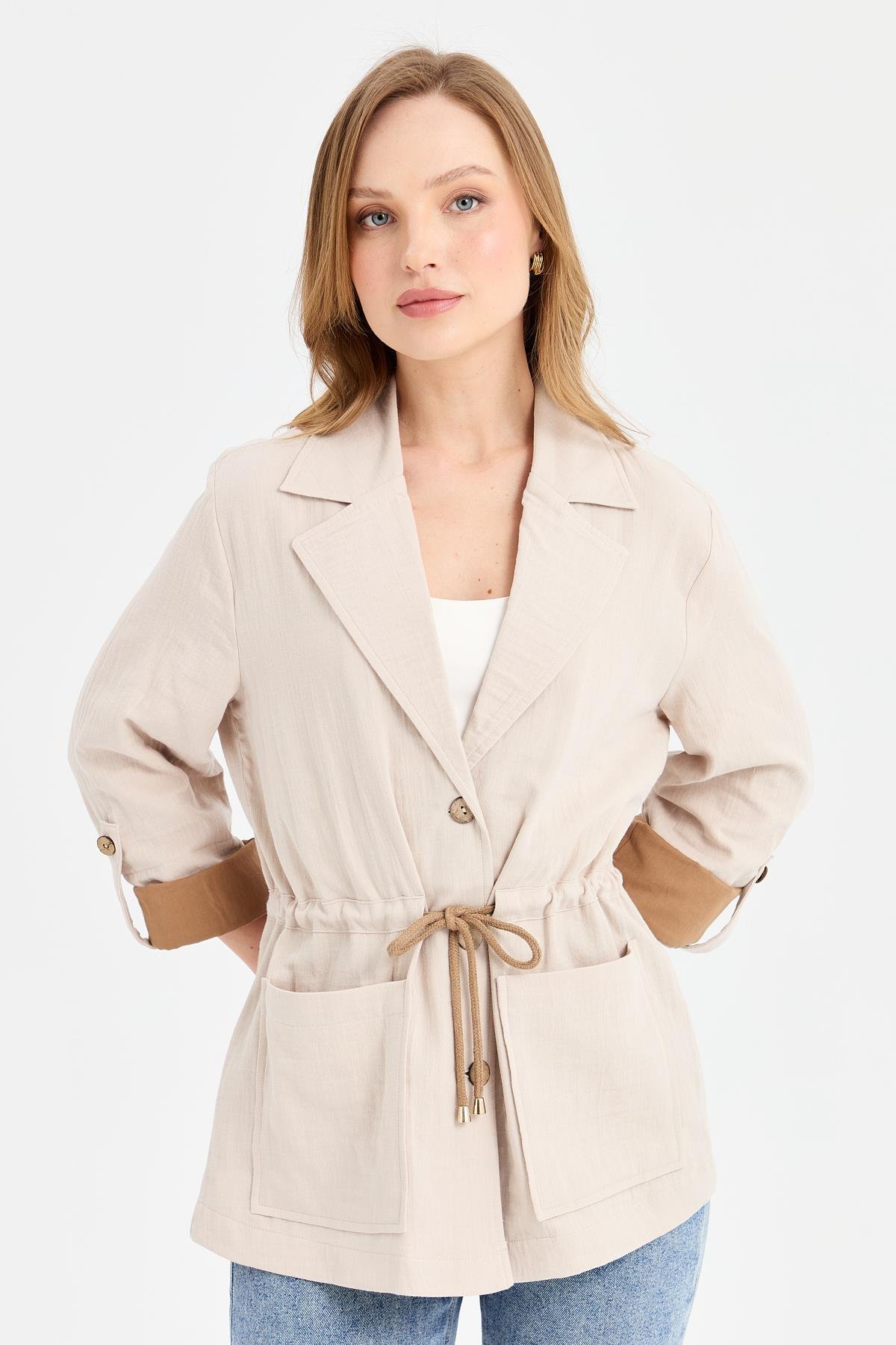 KMY24077Kadın Beli Bağlamalı %100 Pamuk Ceket Taş