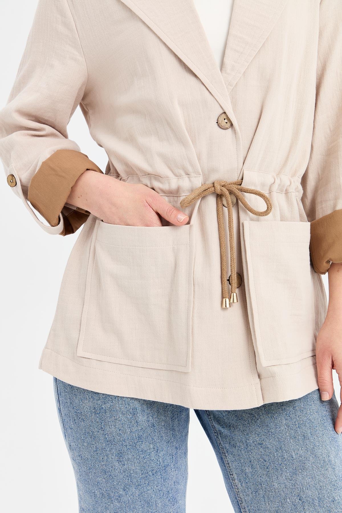 KMY24077Kadın Beli Bağlamalı %100 Pamuk Ceket Taş