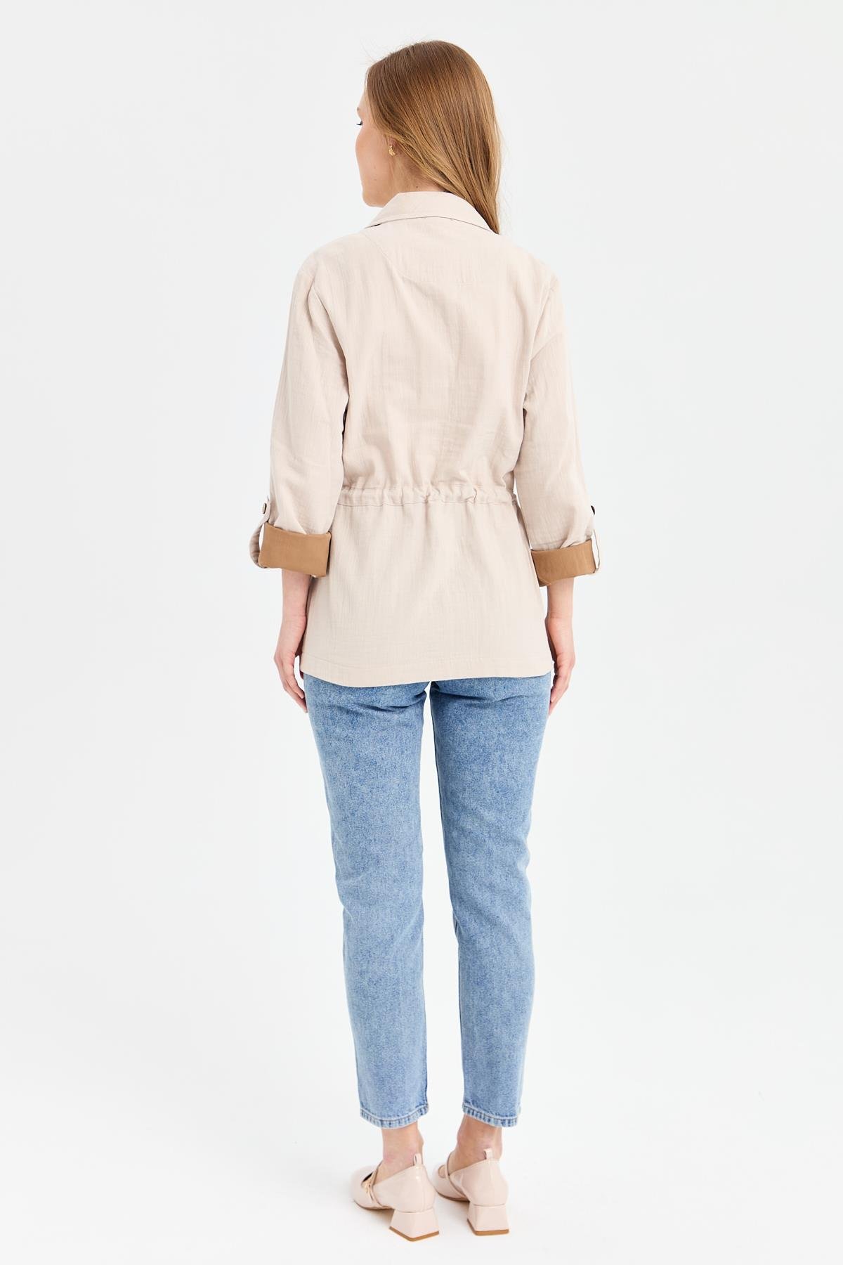 KMY24077Kadın Beli Bağlamalı %100 Pamuk Ceket Taş