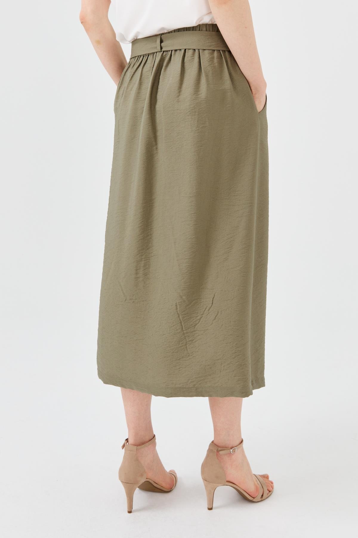 23487Kadın Beli Kuşaklı Önü Düğmeli Etek Haki