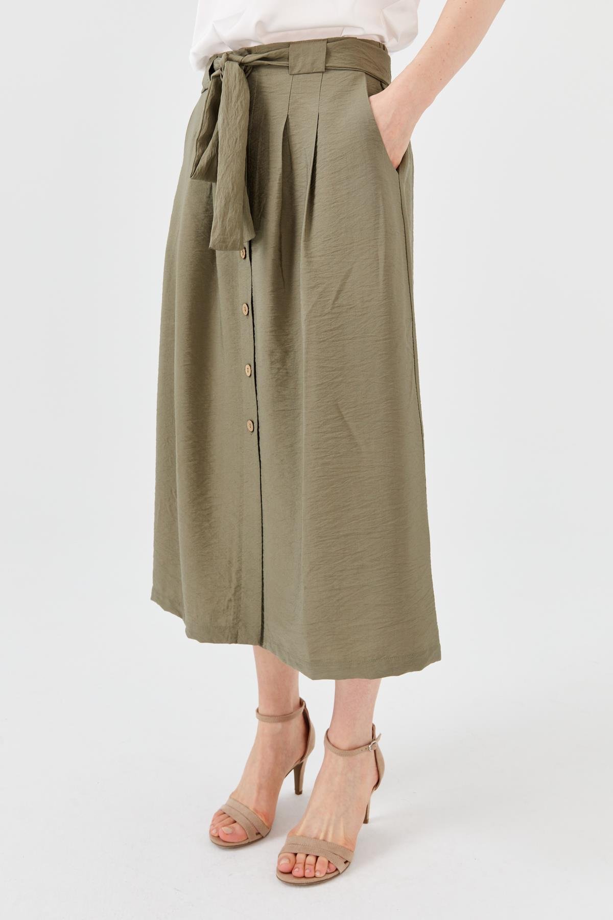 23487Kadın Beli Kuşaklı Önü Düğmeli Etek Haki