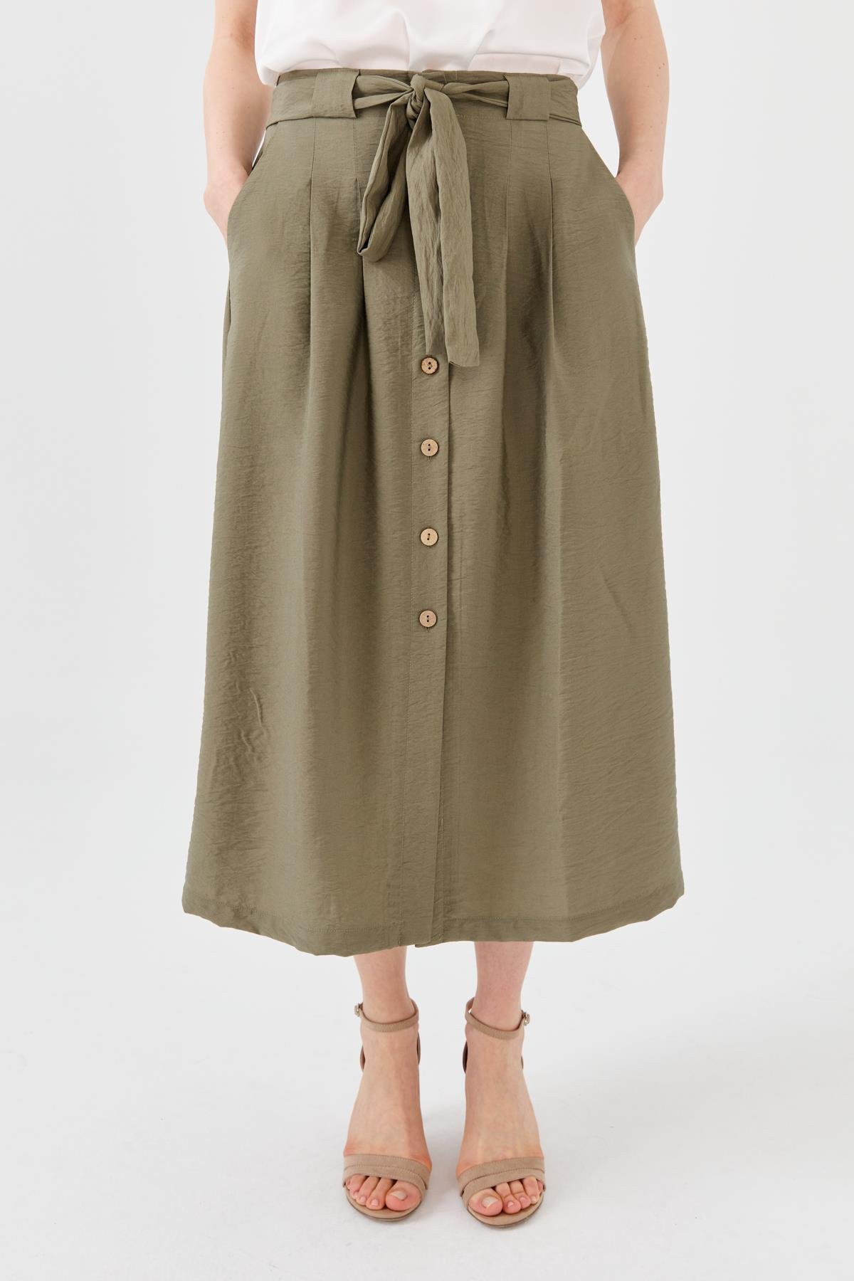 23487Kadın Beli Kuşaklı Önü Düğmeli Etek Haki