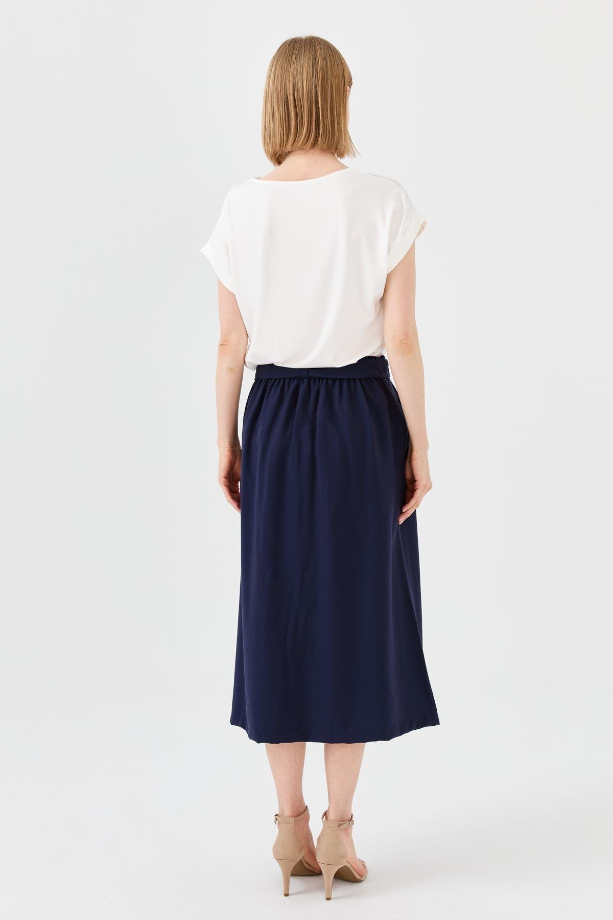 23487Kadın Beli Kuşaklı Önü Düğmeli Etek Lacivert