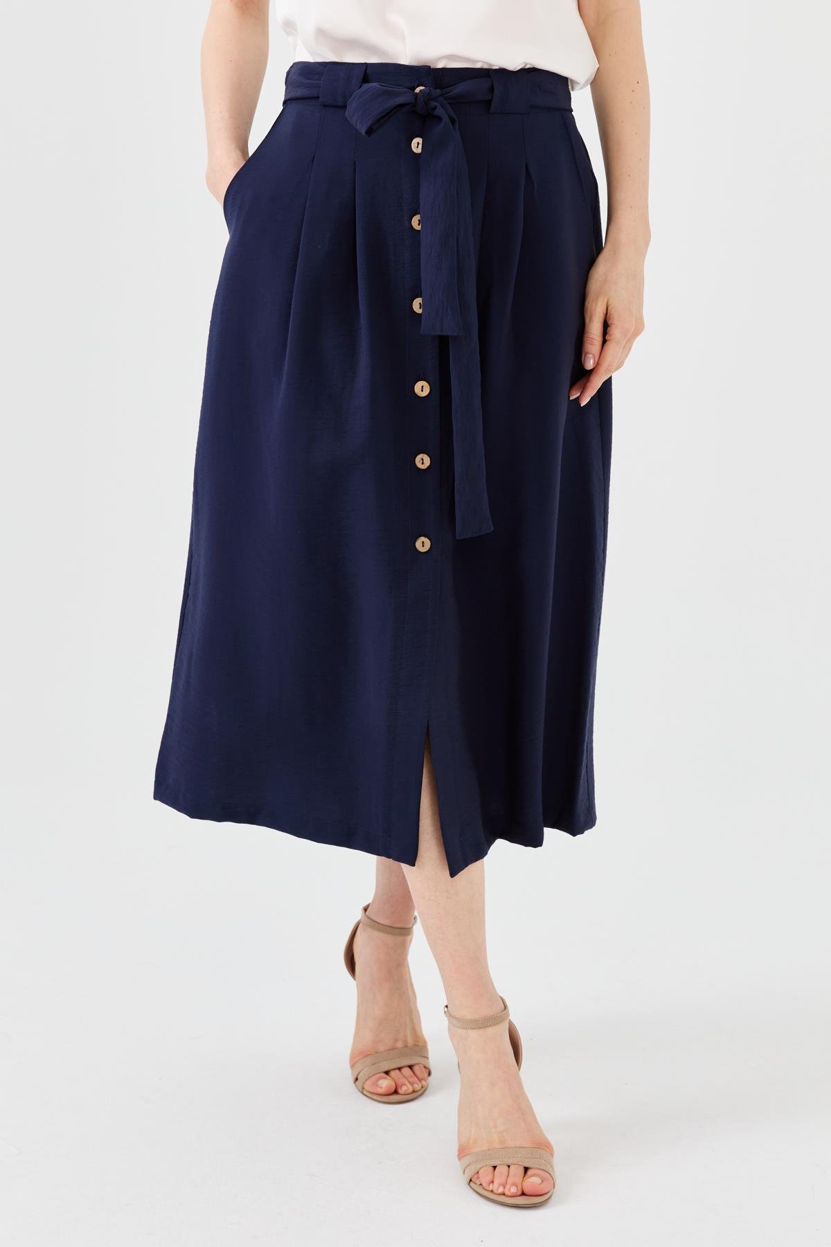 23487Kadın Beli Kuşaklı Önü Düğmeli Etek Lacivert