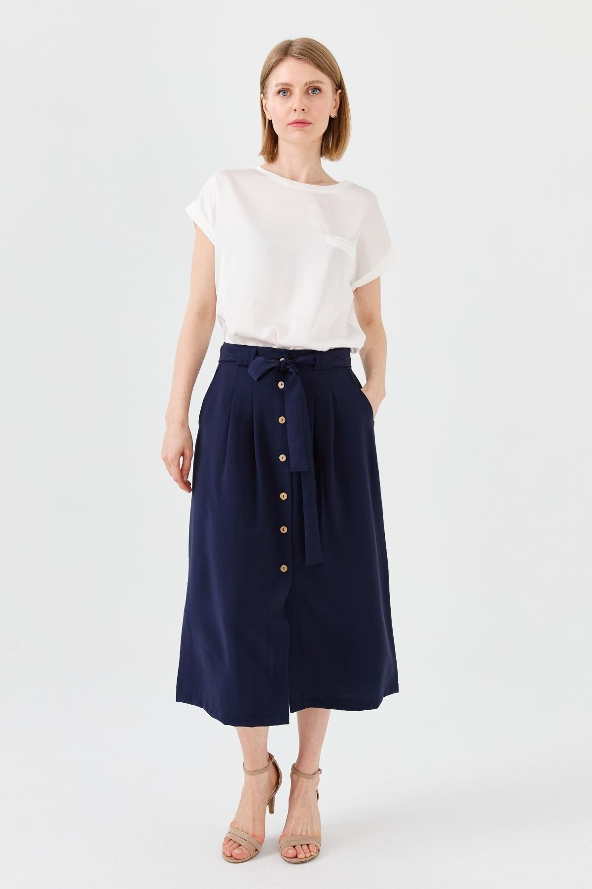 23487Kadın Beli Kuşaklı Önü Düğmeli Etek Lacivert