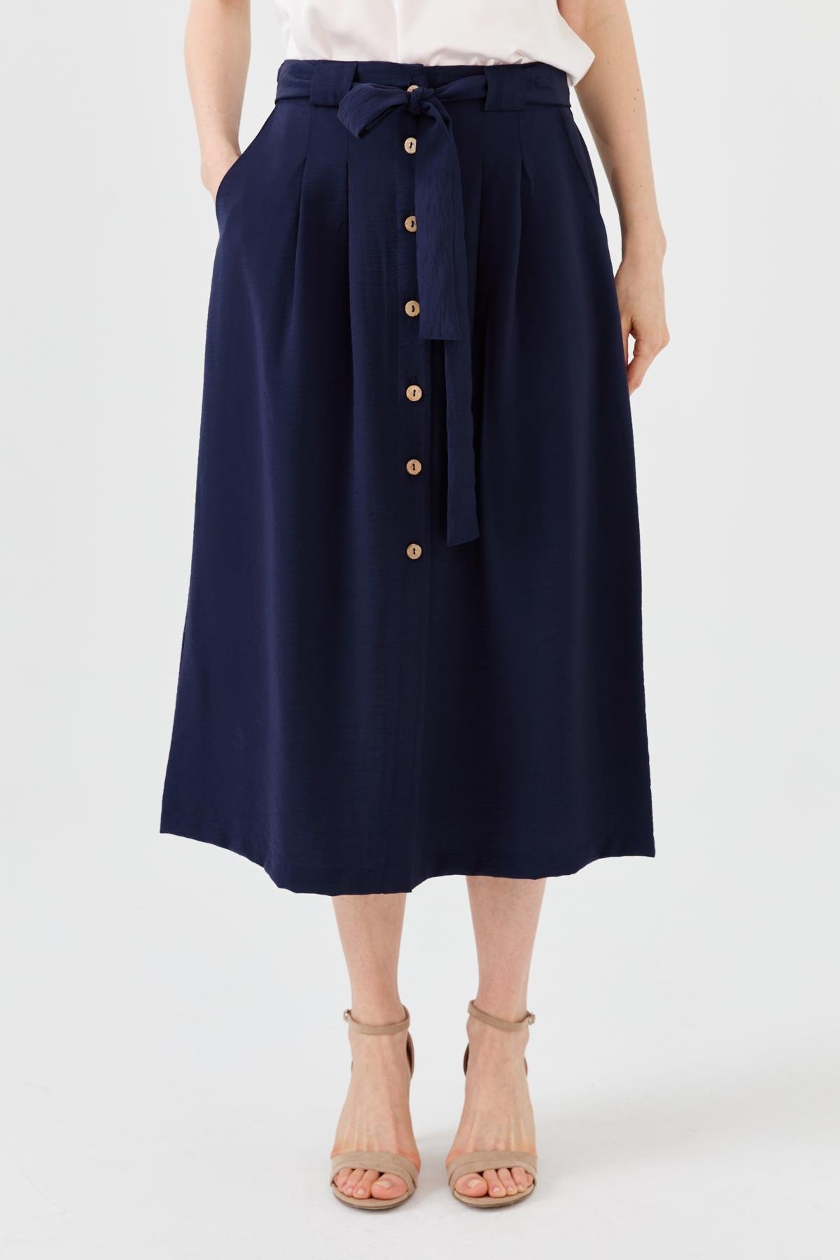 23487Kadın Beli Kuşaklı Önü Düğmeli Etek Lacivert